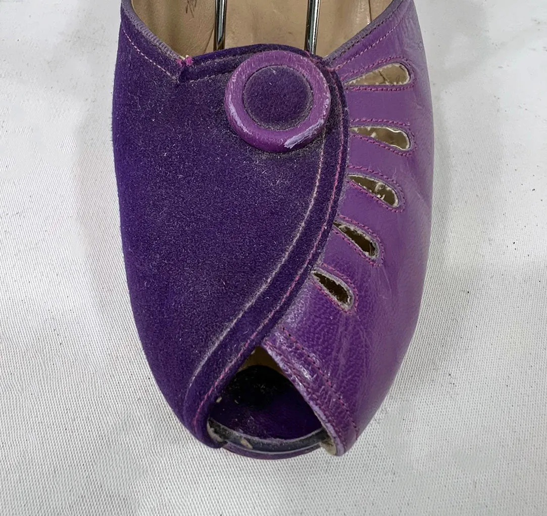 40s Peep Toe Heels Two Tone Purple 50s Ankle Strap Slingback Shoes Thin Platform Vintage Florsheim As Is VFG