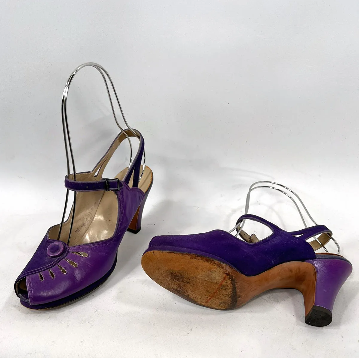 40s Peep Toe Heels Two Tone Purple 50s Ankle Strap Slingback Shoes Thin Platform Vintage Florsheim As Is VFG