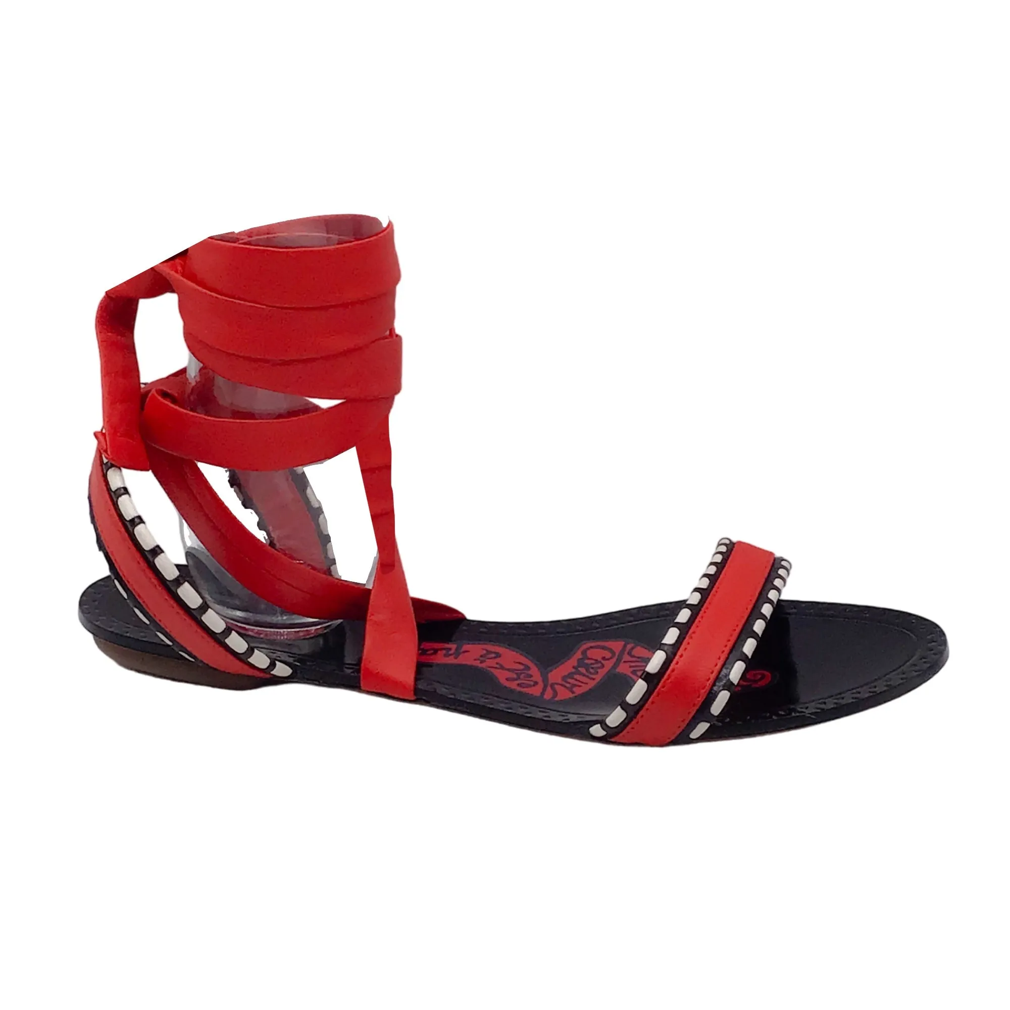 Alaia Red / Black Mon Coeur Leather Ankle Wrap Flat Sandals