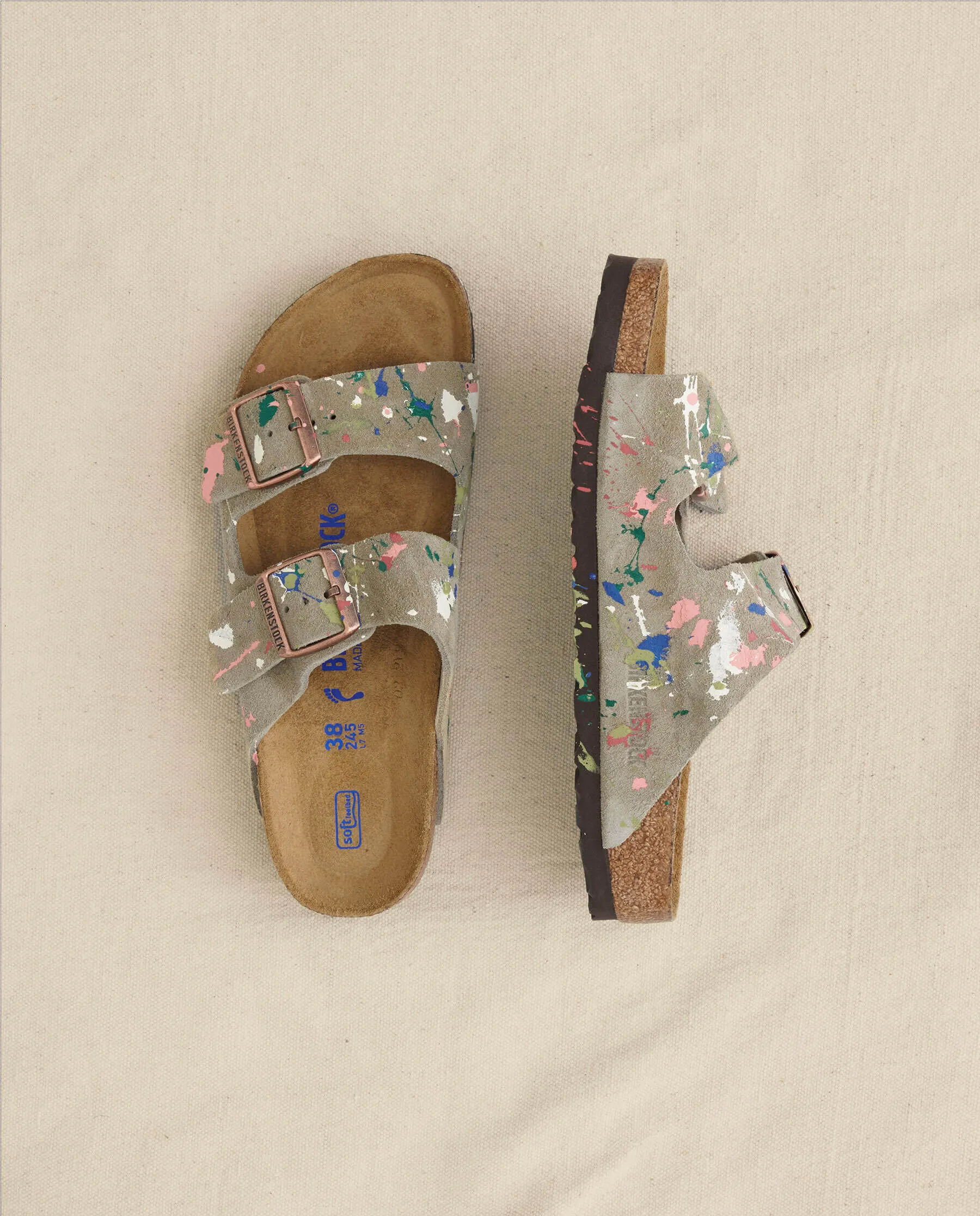 Arizona Taupe Birkenstock with Paint. -- Taupe with Bright Multi Paint