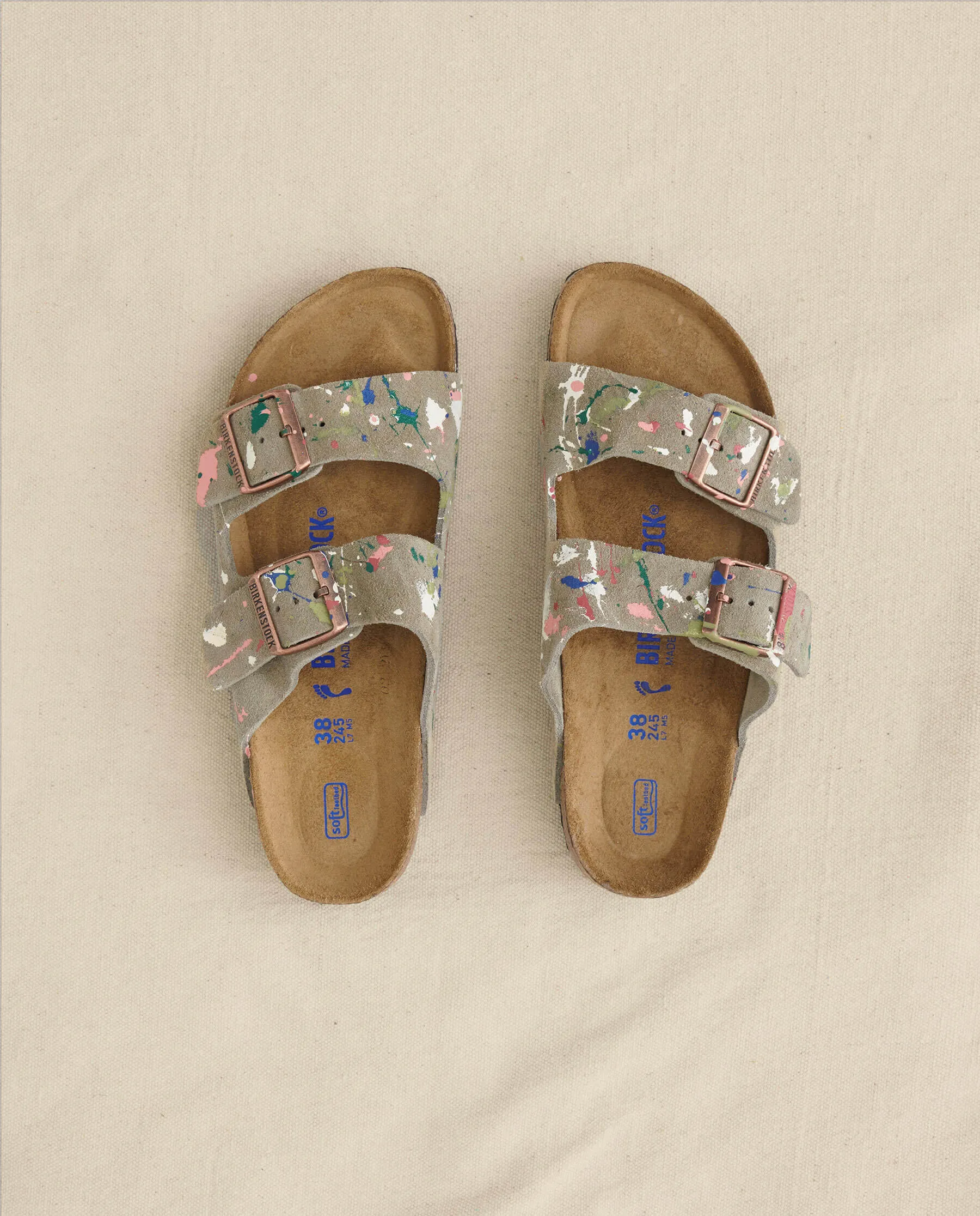 Arizona Taupe Birkenstock with Paint. -- Taupe with Bright Multi Paint