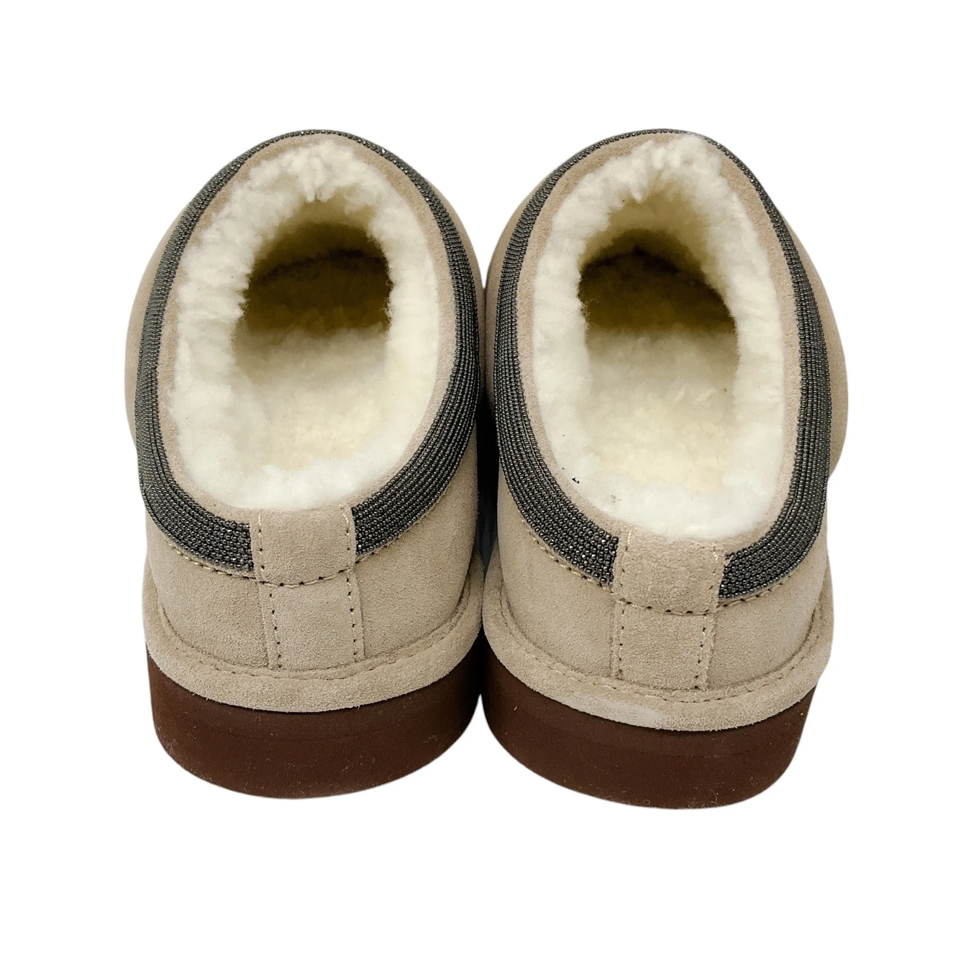 Brunello Cucinelli Beige Monili Bead Embellished Shearling Lined Quilted Suede Slippers