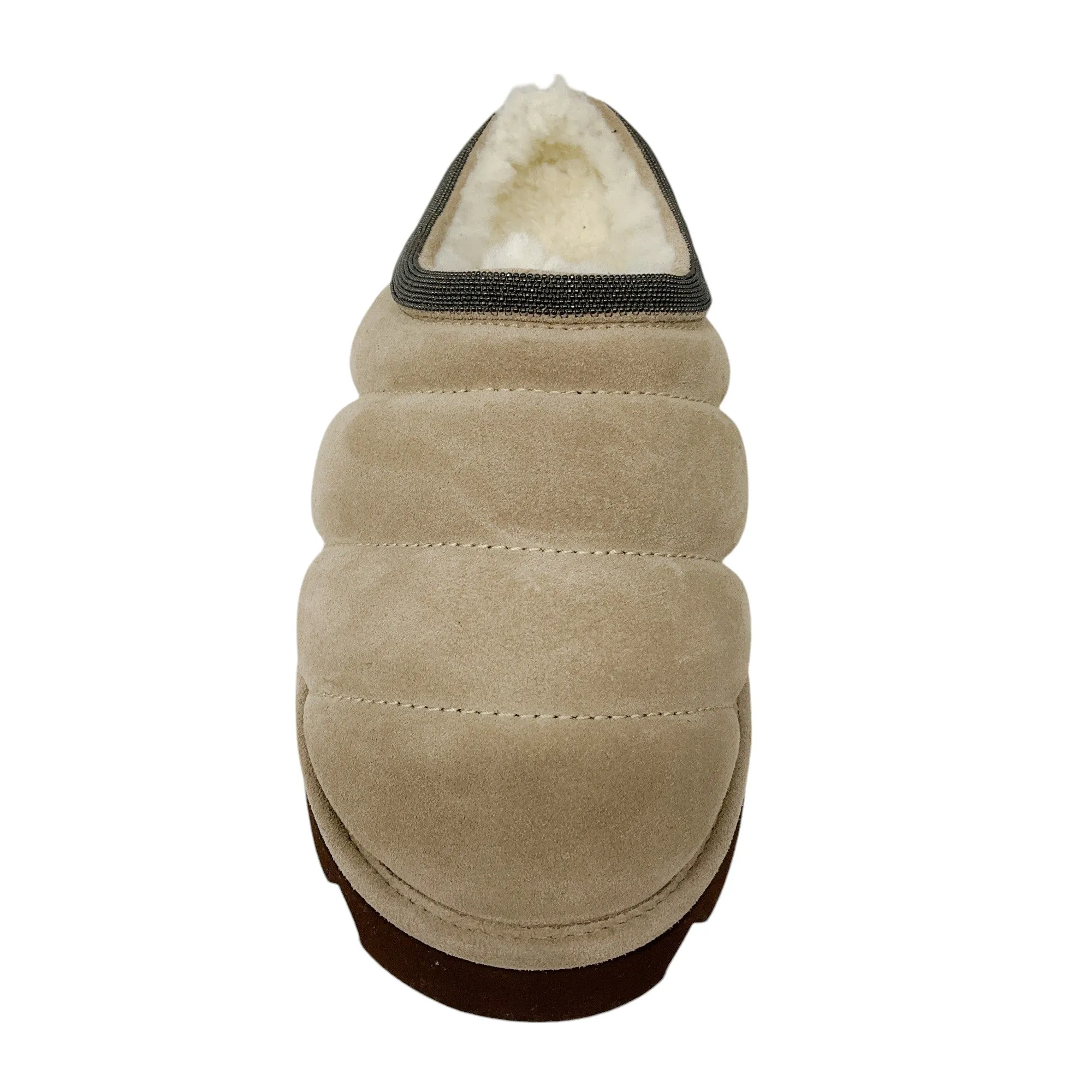 Brunello Cucinelli Beige Monili Bead Embellished Shearling Lined Quilted Suede Slippers