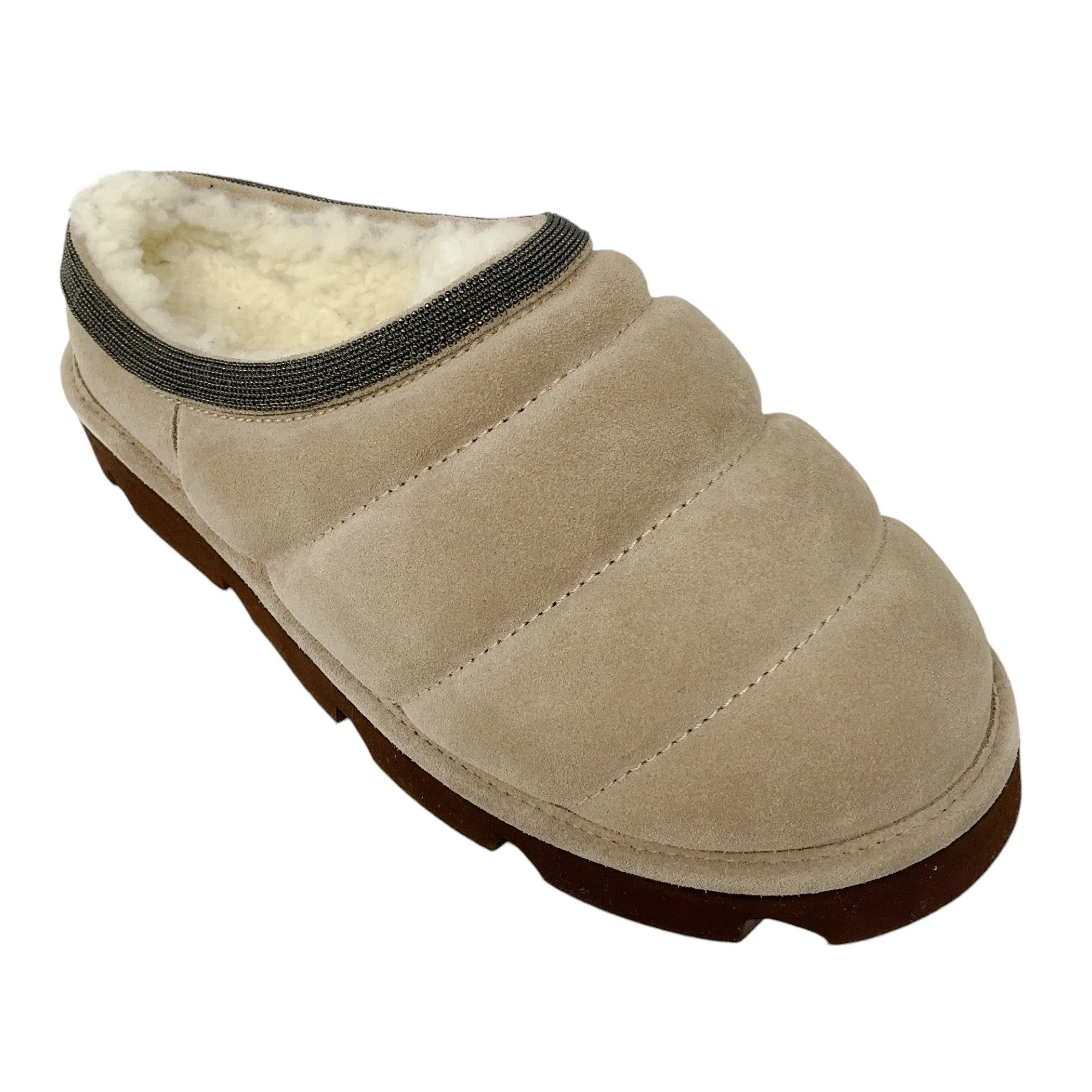 Brunello Cucinelli Beige Monili Bead Embellished Shearling Lined Quilted Suede Slippers