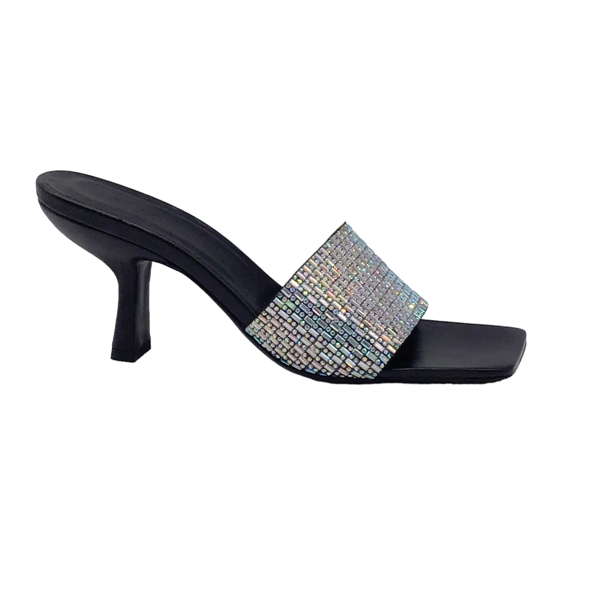 By Far Black / Silver Crystal Embellished Square Toe Sandals