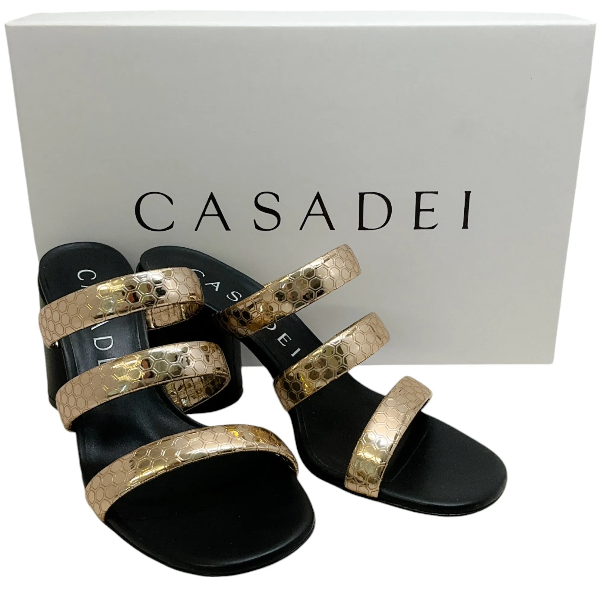 Casadei Gold / Black Block Heel Sandals