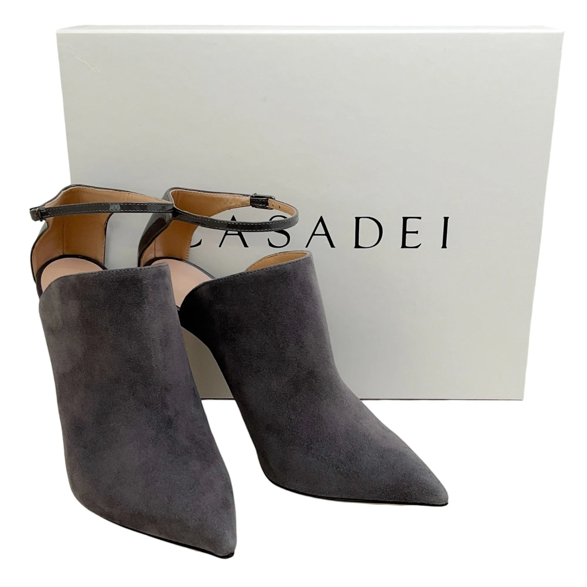 Casadei Gravity Grey Suede and Patent Ankle Strap Shooties