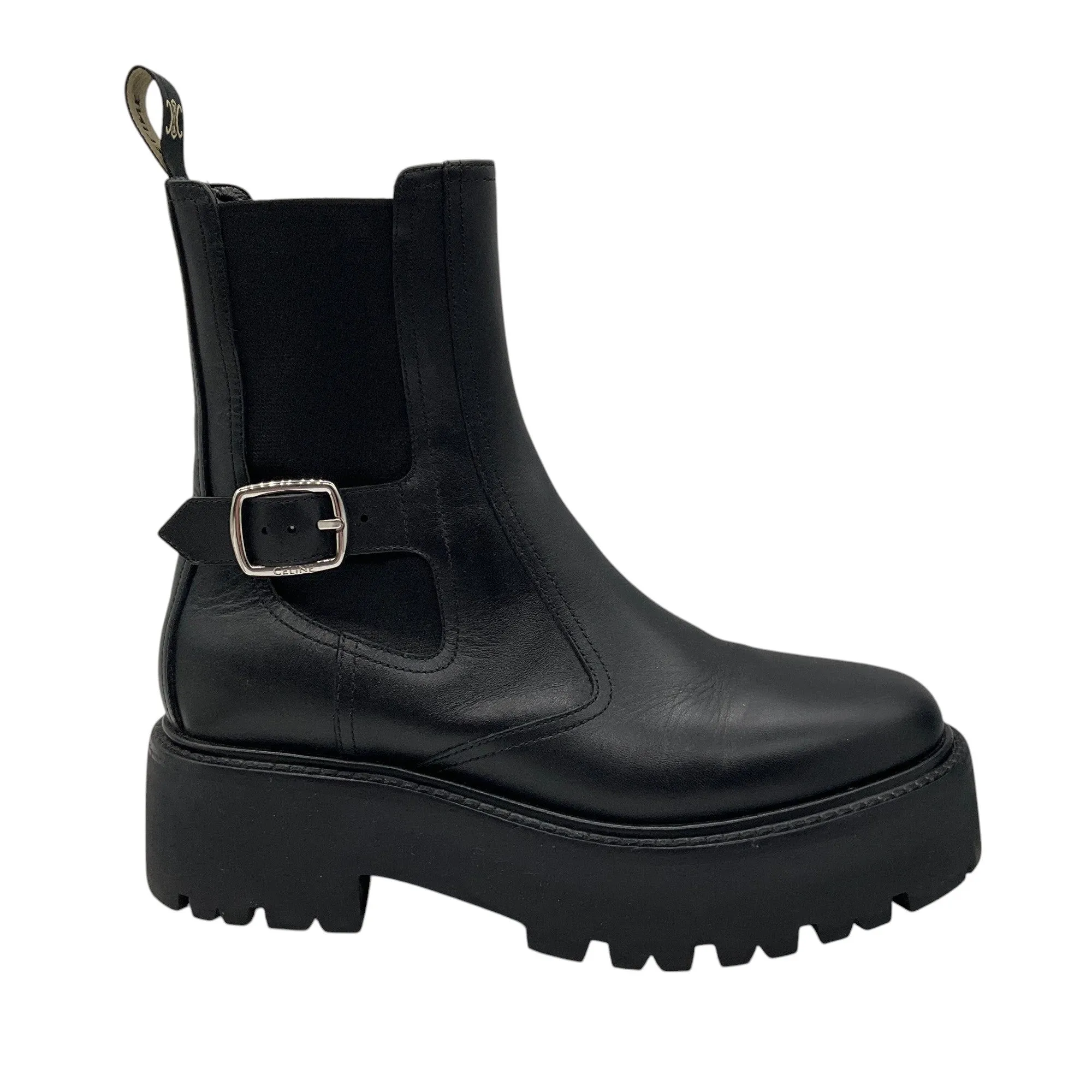 Celine Black 2022 Bulky Buckle Detail Calfskin Leather Biker Boots