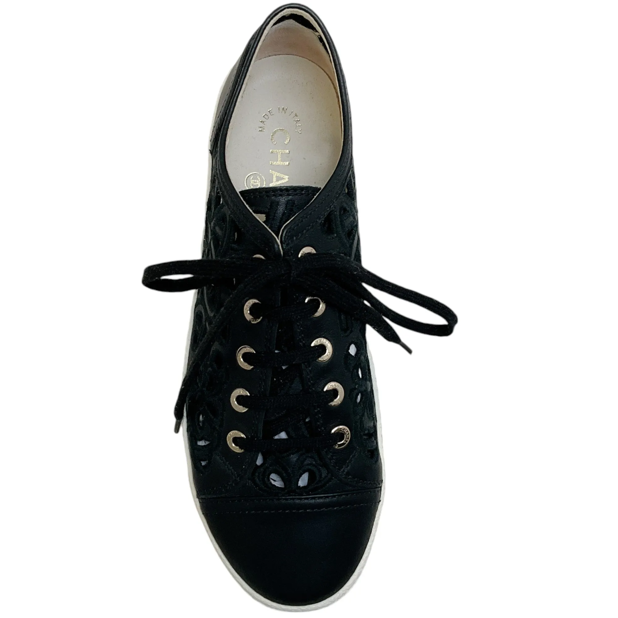 Chanel Black Leather Floral Eyelet Sneakers