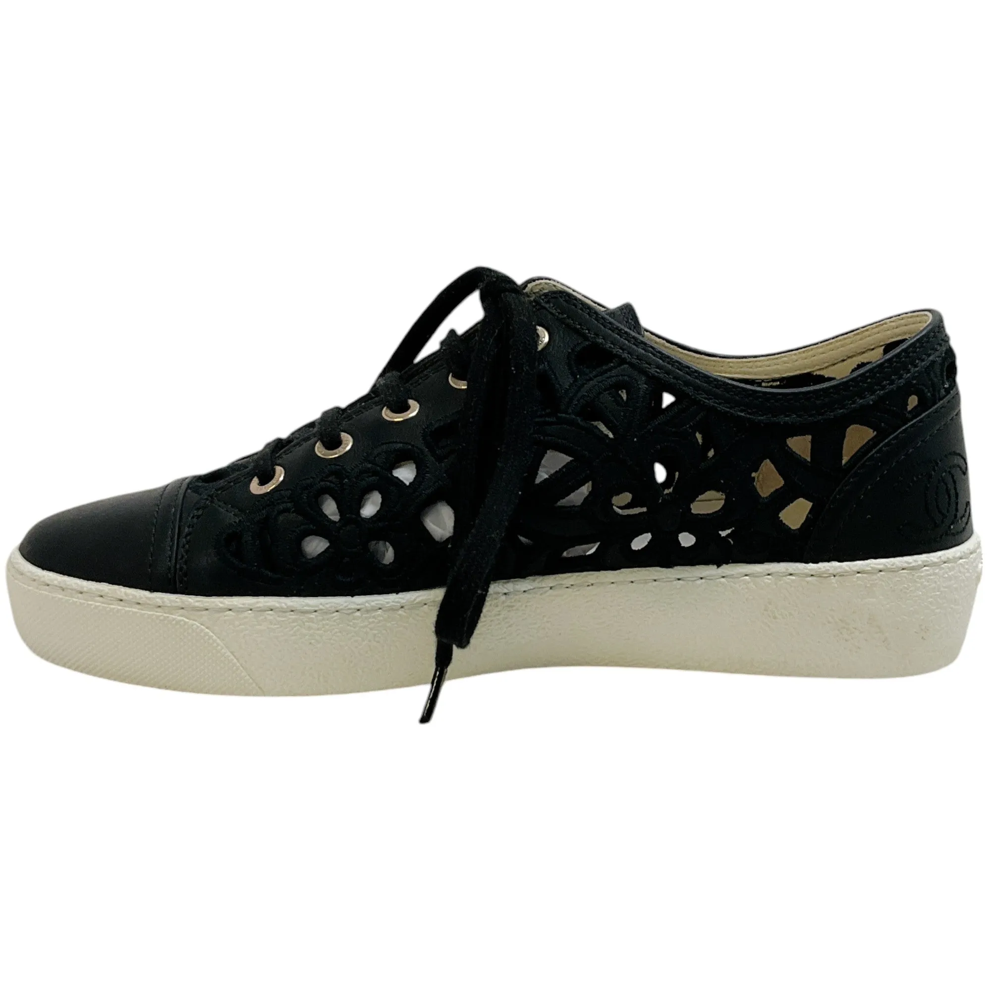 Chanel Black Leather Floral Eyelet Sneakers