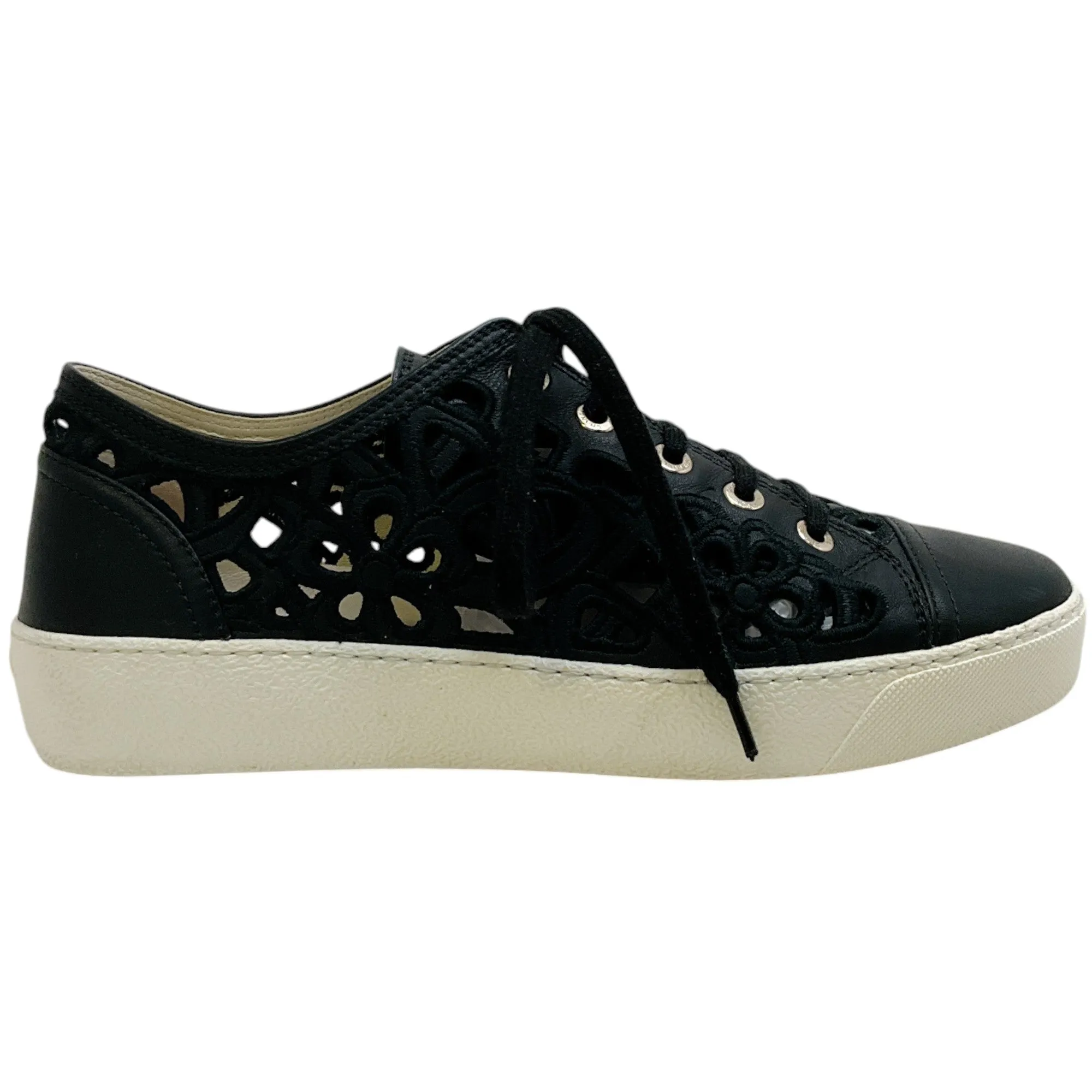 Chanel Black Leather Floral Eyelet Sneakers