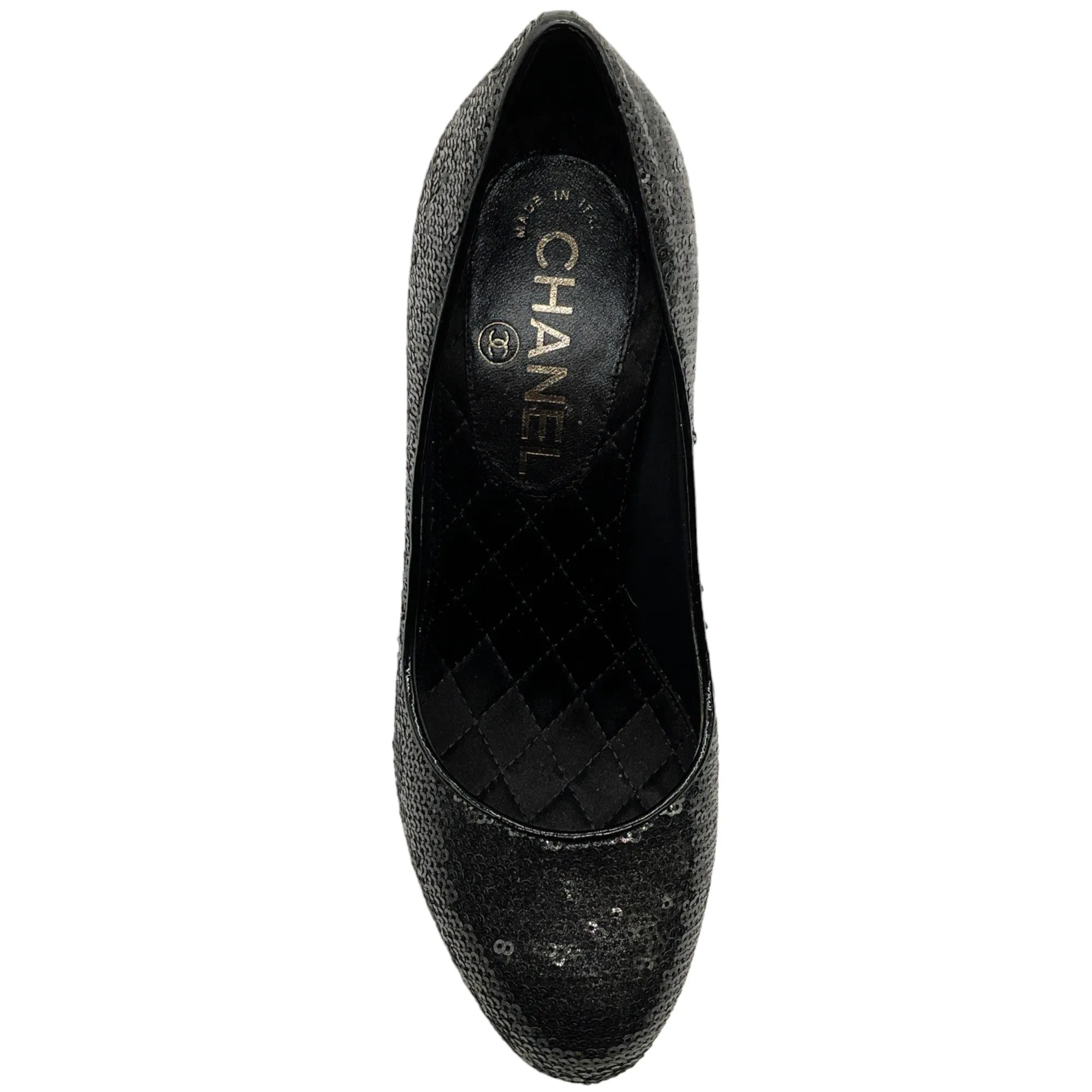 Chanel Black Sequined Pumps With Logo Heel