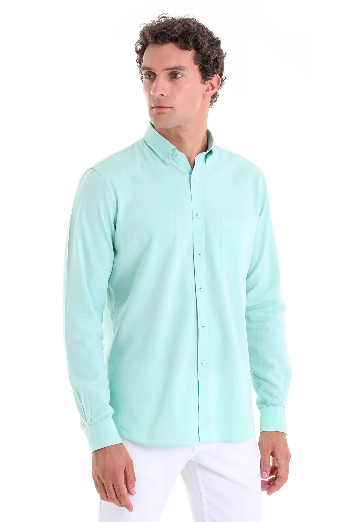 Comfort Fit Button-Down Collar Green Water Casual Shirt