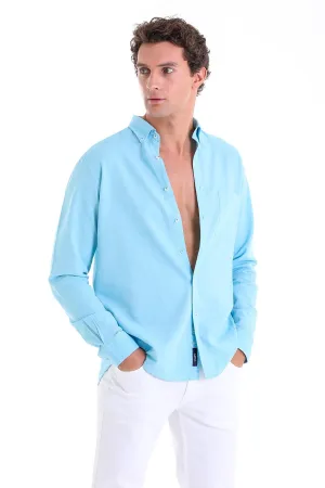 Comfort Fit Long Sleeve Oxford Cotton Turquoise Casual Shirt