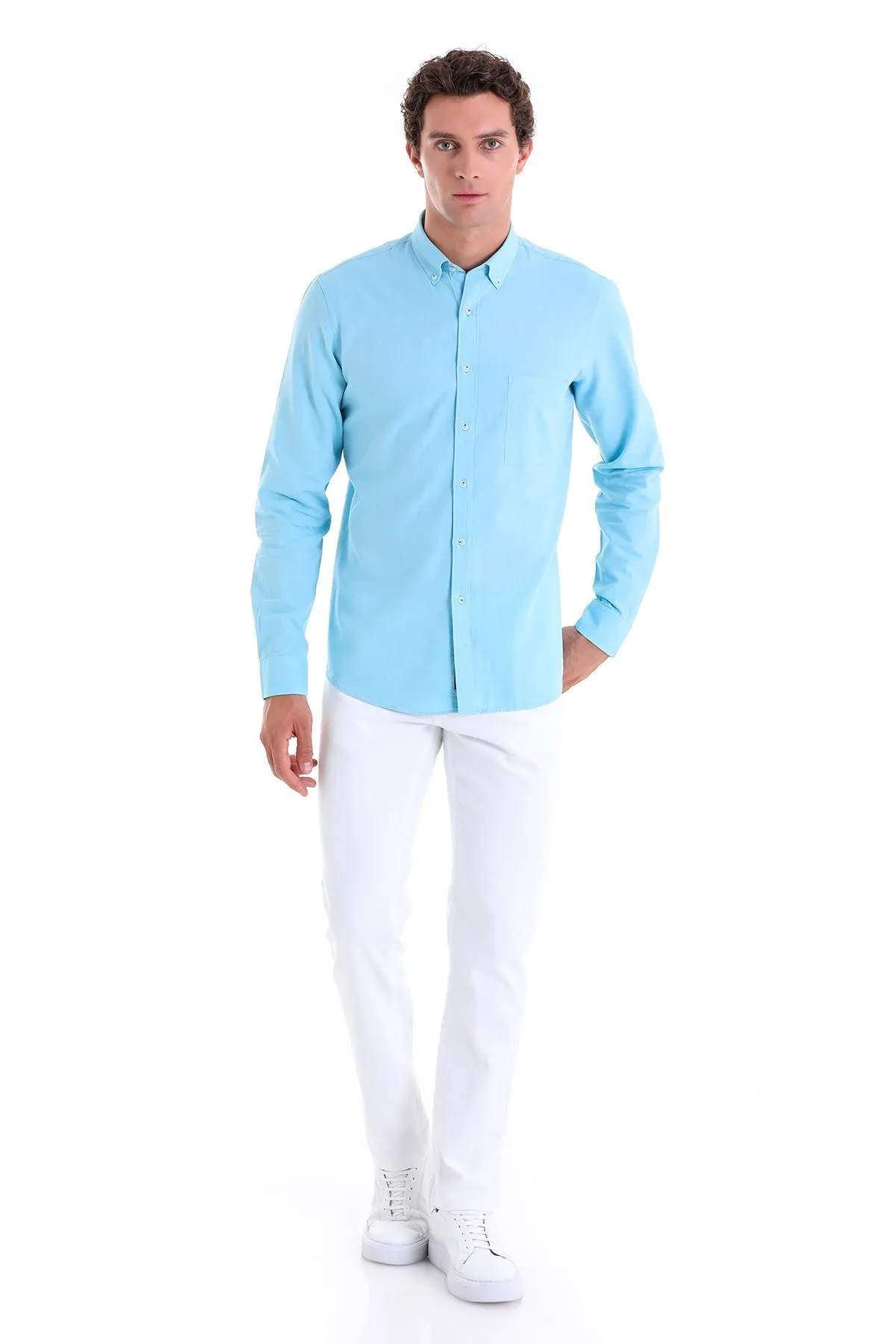 Comfort Fit Long Sleeve Oxford Cotton Turquoise Casual Shirt