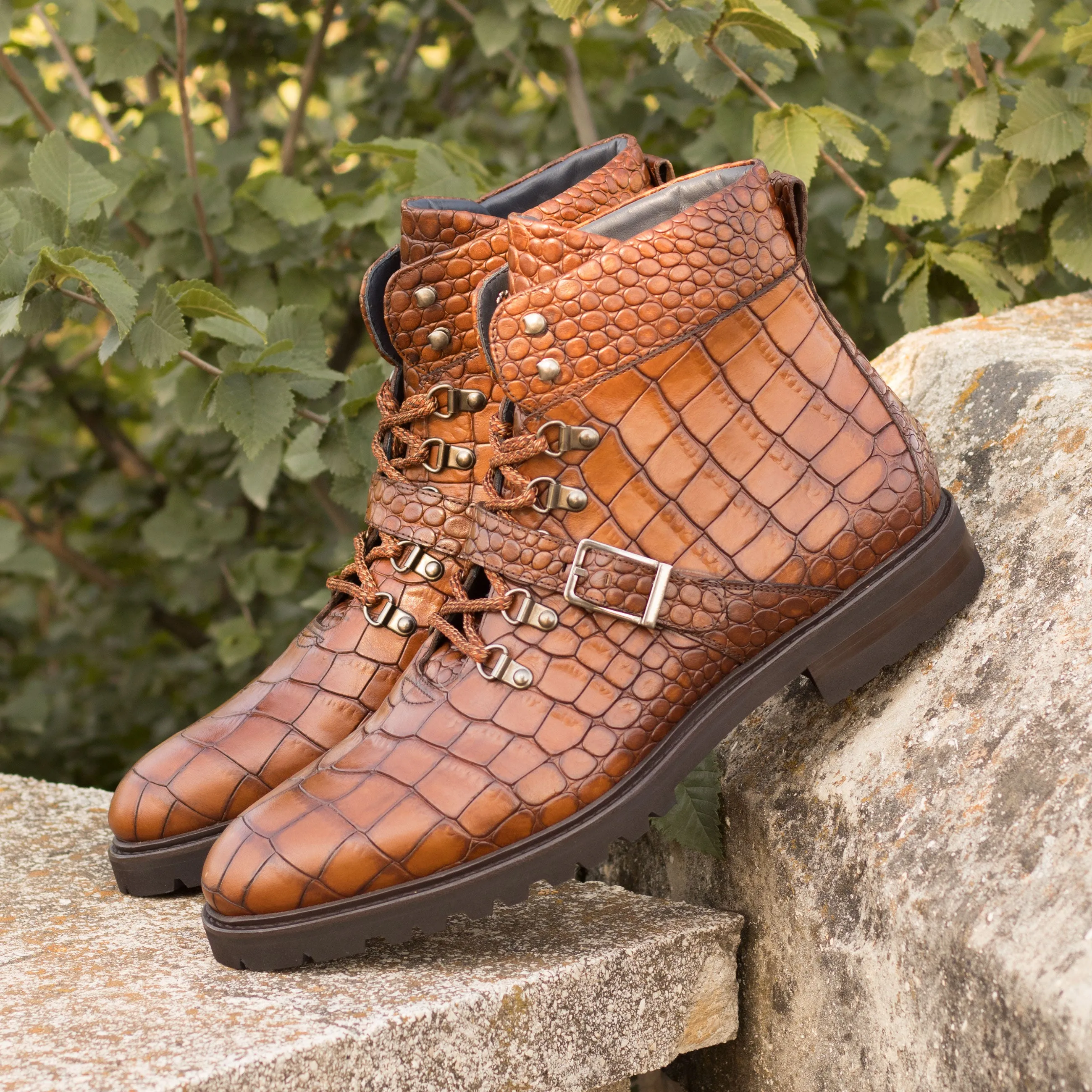 DapperFam Everest in Med Brown Men's Italian Croco Embossed Leather Hiking Boot