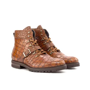 DapperFam Everest in Med Brown Men's Italian Croco Embossed Leather Hiking Boot