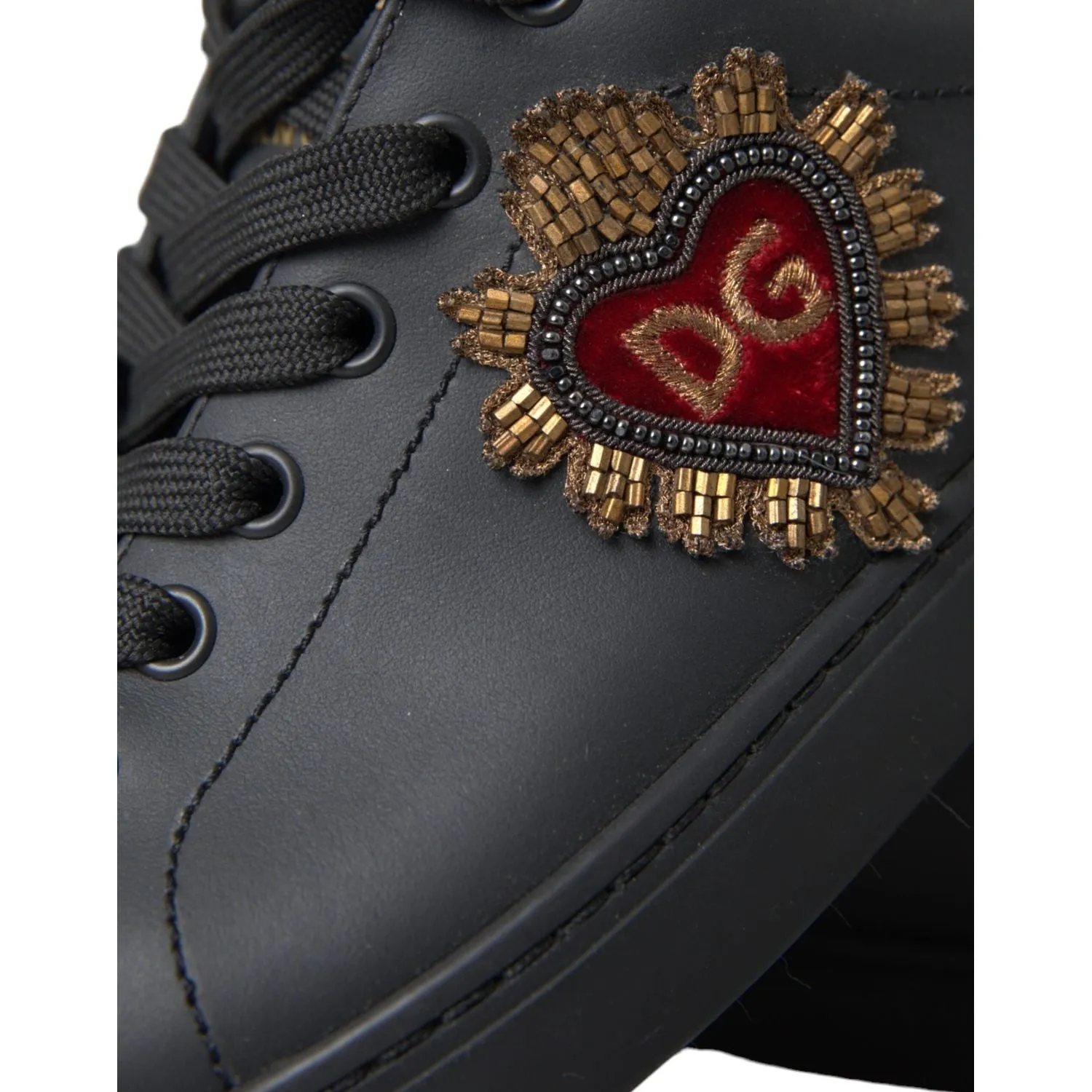 Dolce & Gabbana Black Leather Heart Embellished Sneakers Shoes