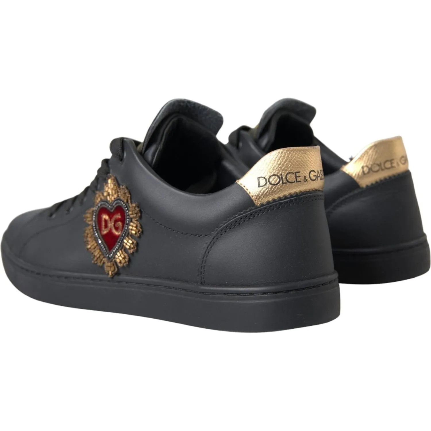 Dolce & Gabbana Black Leather Heart Embellished Sneakers Shoes