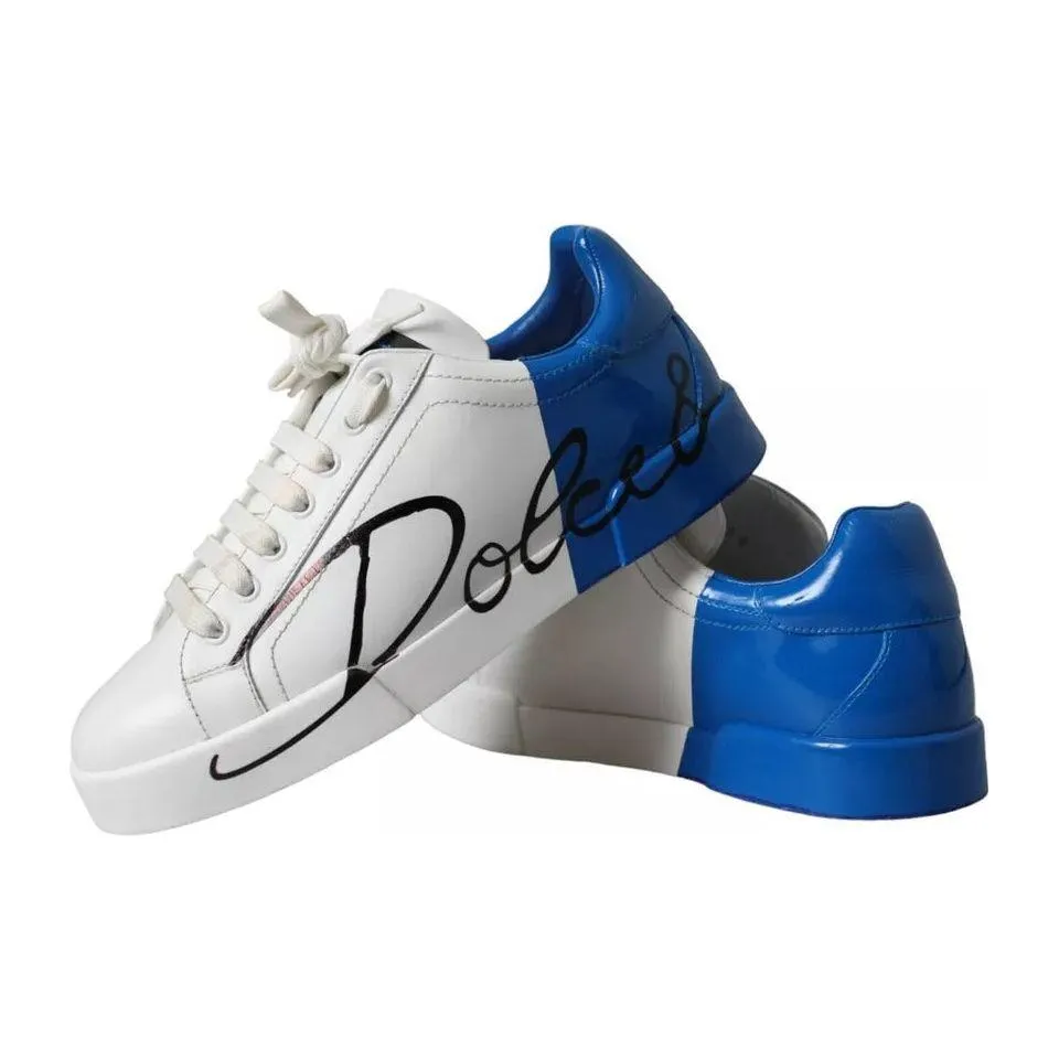 Dolce & Gabbana White Blue Leather Logo Low Top Sneakers Men Shoes