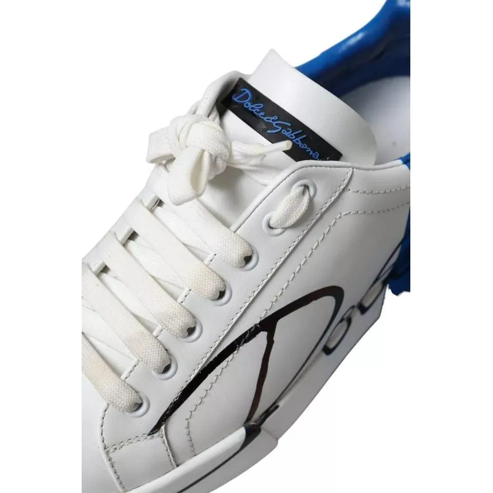 Dolce & Gabbana White Blue Leather Logo Low Top Sneakers Men Shoes