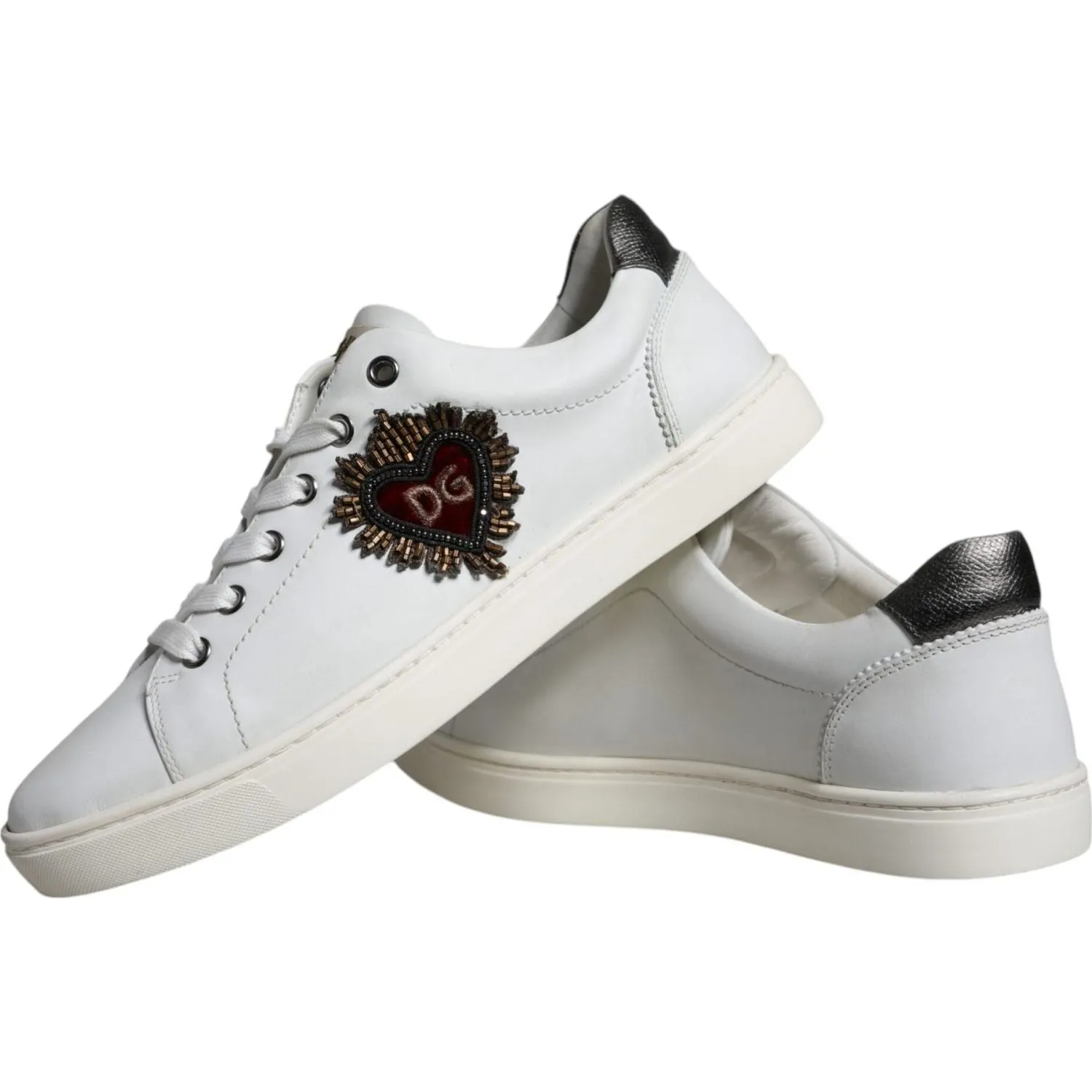 Dolce & Gabbana White Leather Heart Low Top Casual Sneakers Shoes