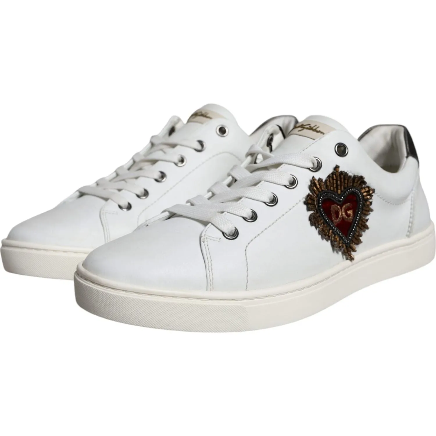 Dolce & Gabbana White Leather Heart Low Top Casual Sneakers Shoes