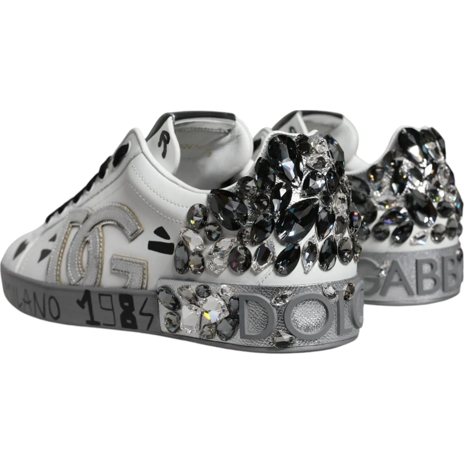 Dolce & Gabbana White Silver Crystal Logo Portofino Sneakers Shoes