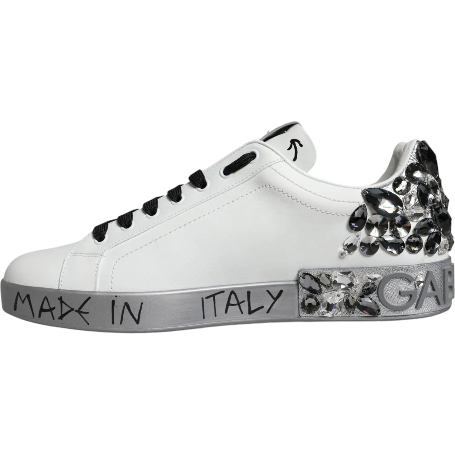 Dolce & Gabbana White Silver Crystal Logo Portofino Sneakers Shoes