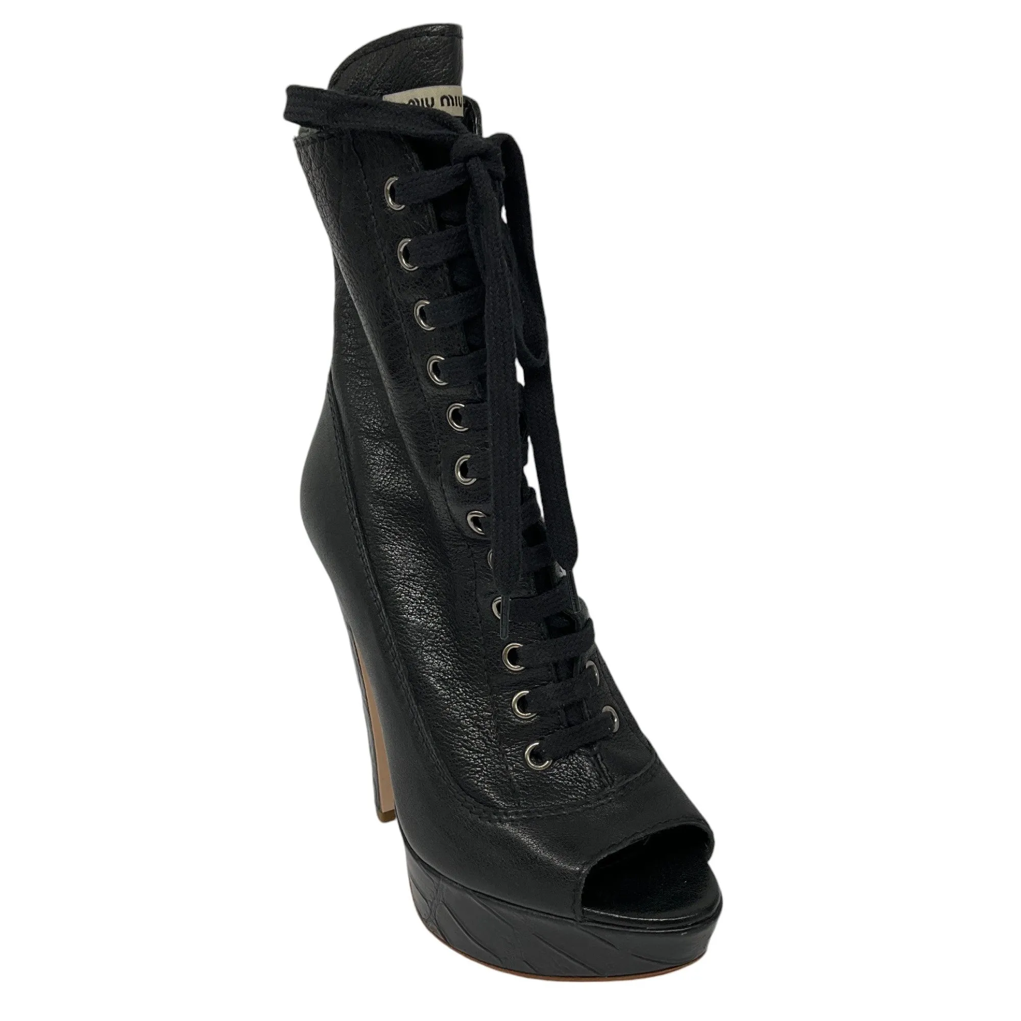 Miu Miu Black Peep Toe Lace-Up Platform Leather Boots