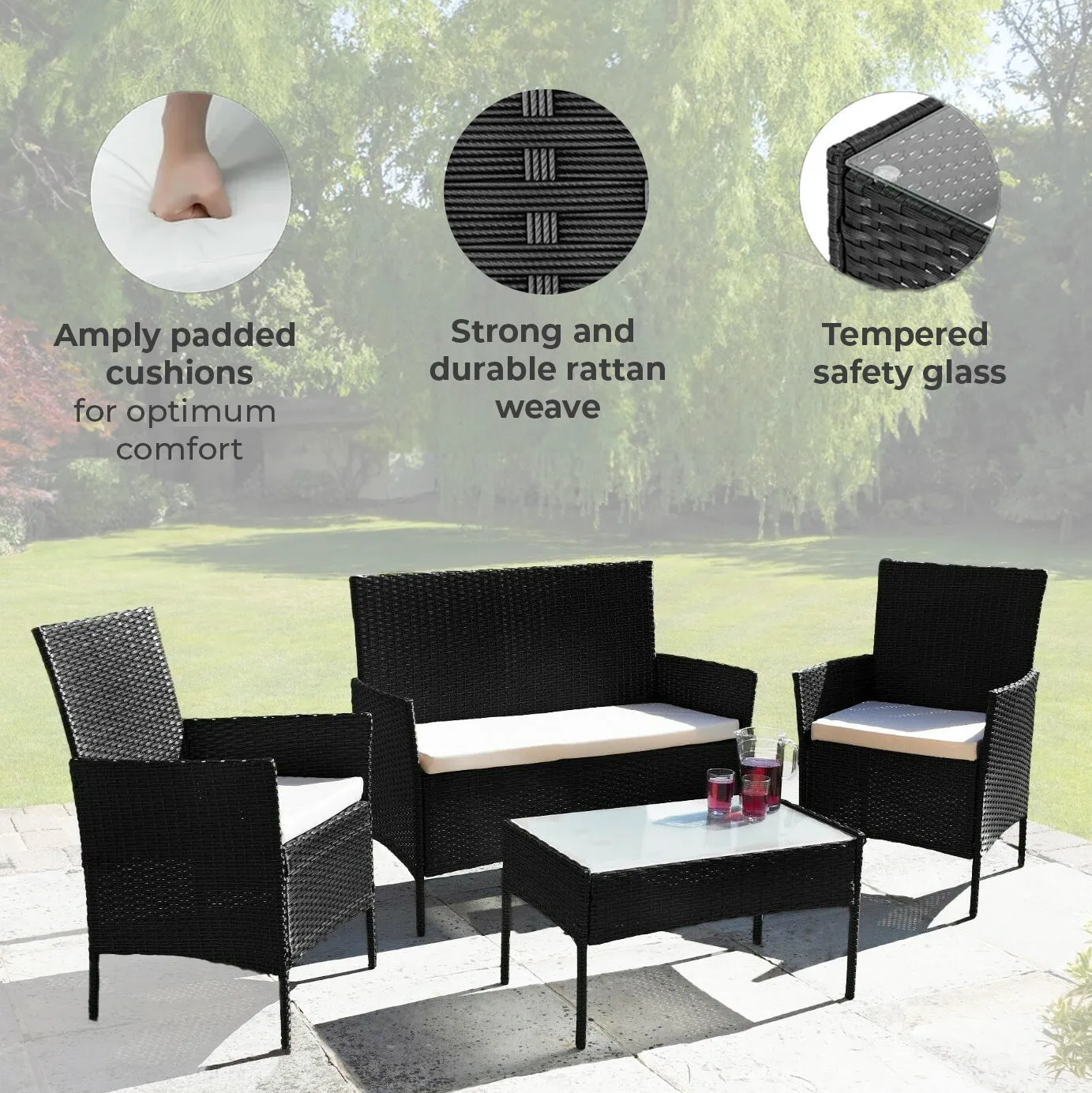 Neo Black 4 Piece Rattan Outdoor Furniture Garden Sofa Set