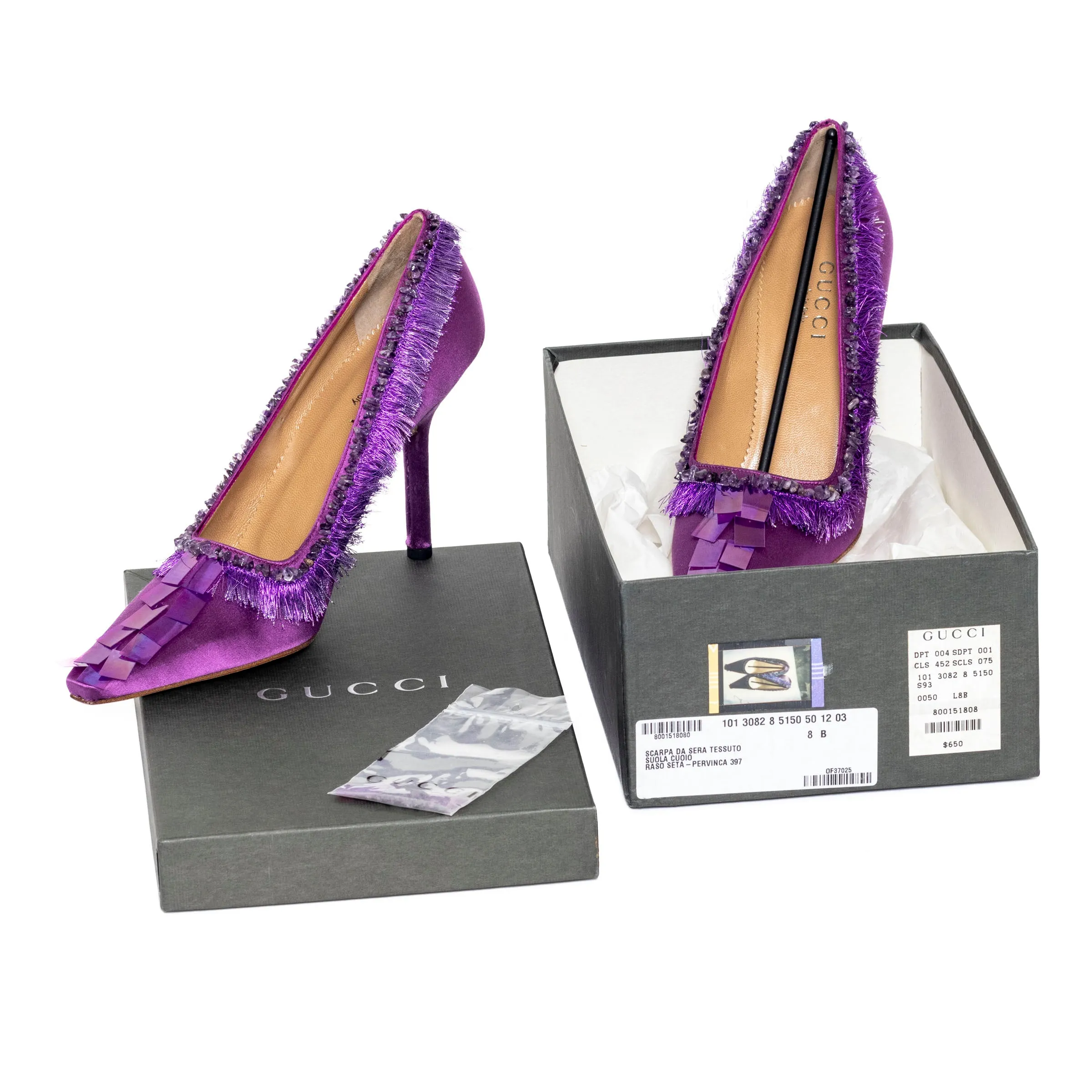 Purple Satin Fringe and Sequin Pumps 8