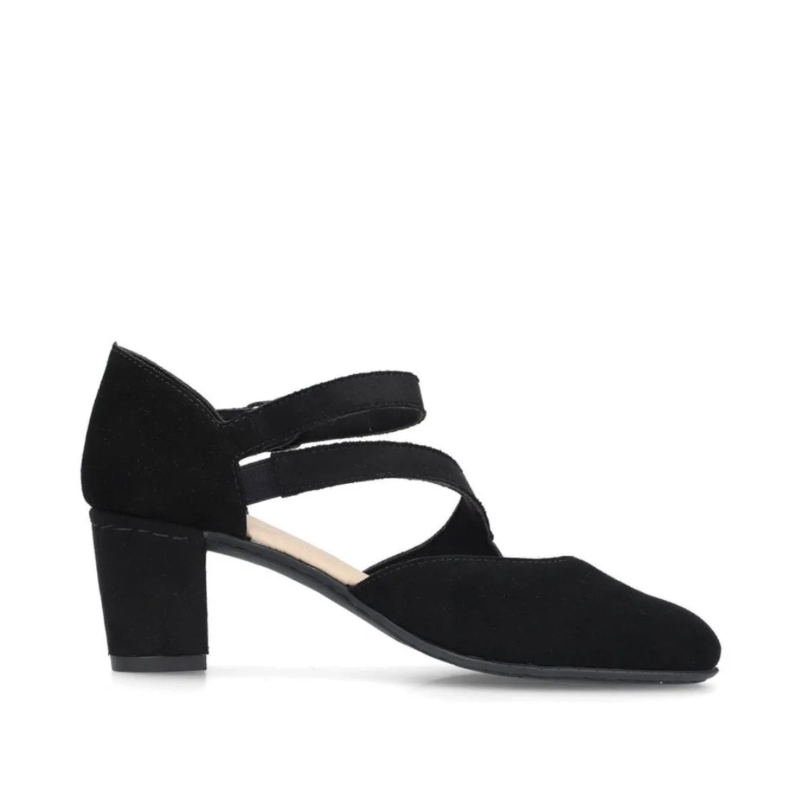 Rieker 41080-00 Black Suede Leather Block Heel Buckle Court Shoes