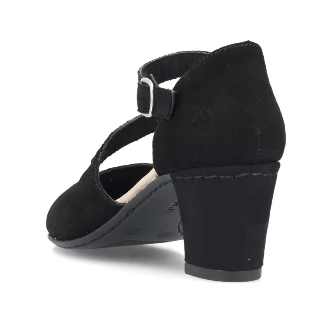 Rieker 41080-00 Black Suede Leather Block Heel Buckle Court Shoes