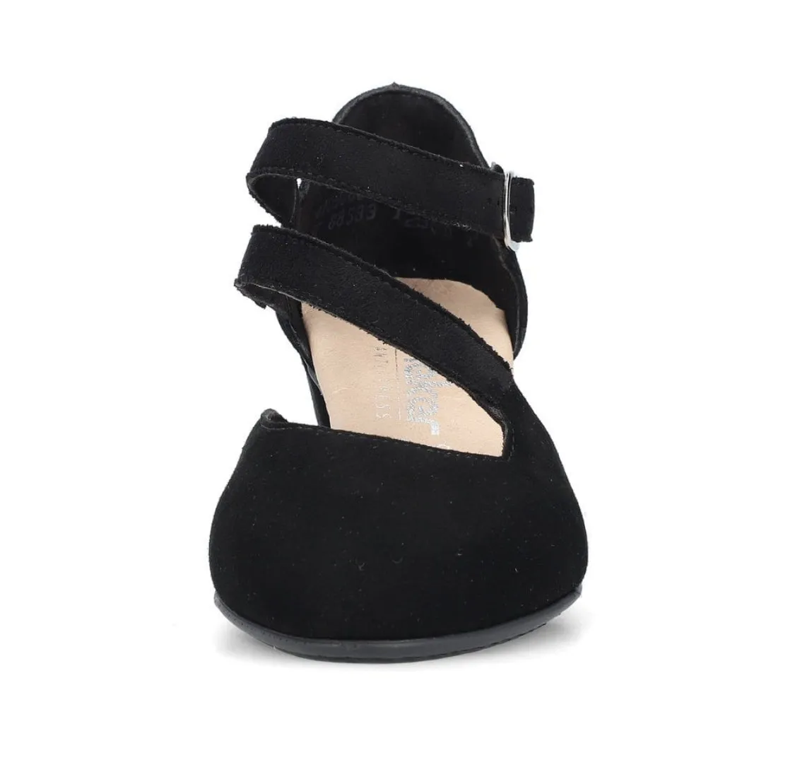 Rieker 41080-00 Black Suede Leather Block Heel Buckle Court Shoes