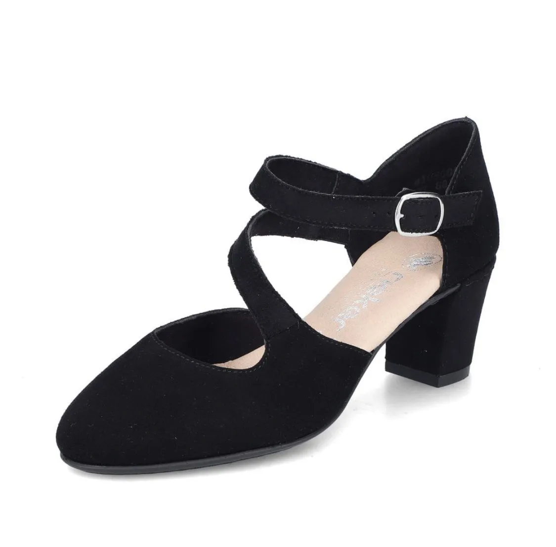 Rieker 41080-00 Black Suede Leather Block Heel Buckle Court Shoes