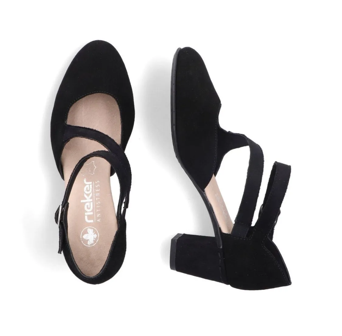 Rieker 41080-00 Black Suede Leather Block Heel Buckle Court Shoes