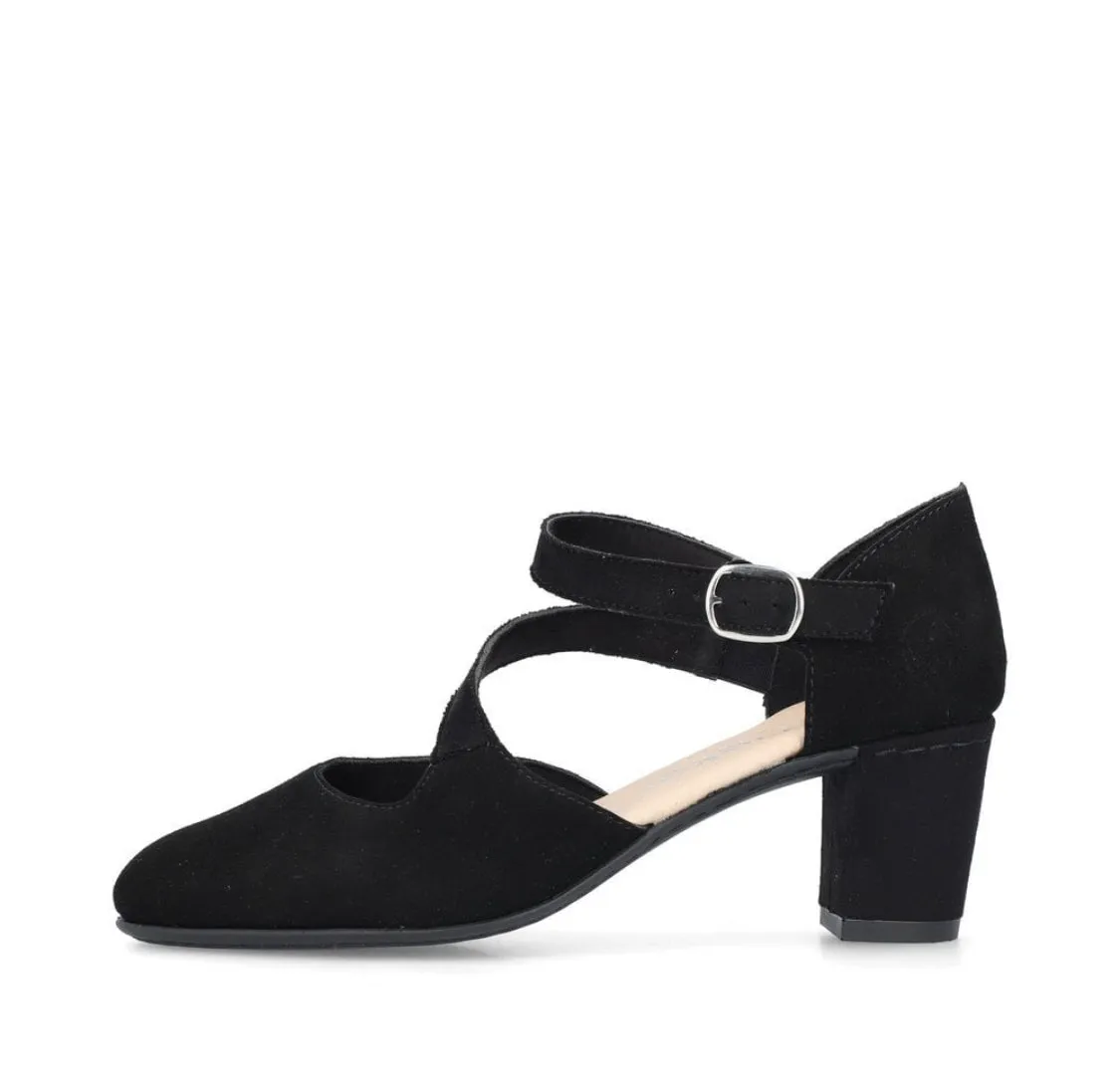 Rieker 41080-00 Black Suede Leather Block Heel Buckle Court Shoes