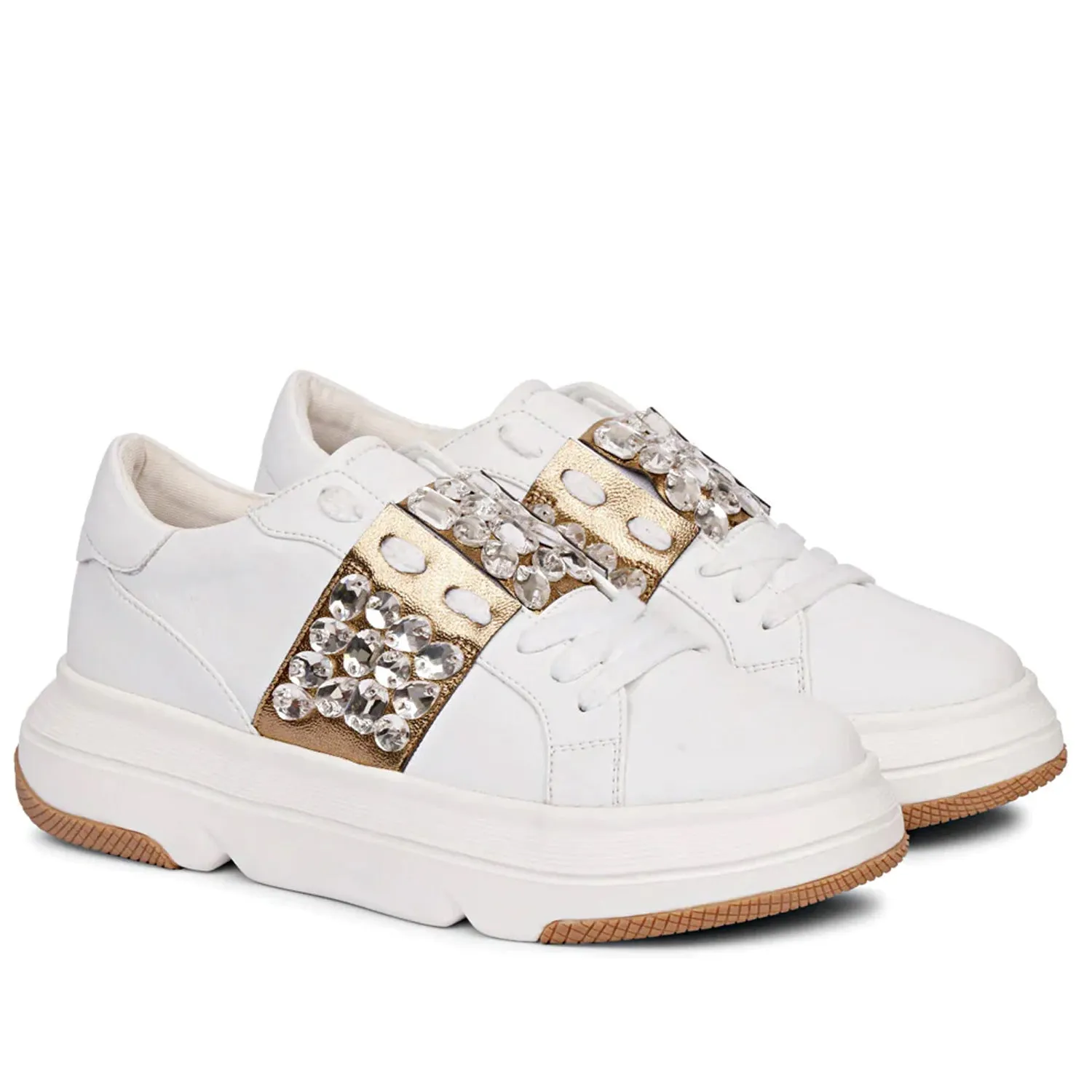 Saint Joanna Crystal Off White Leather Sneakers.