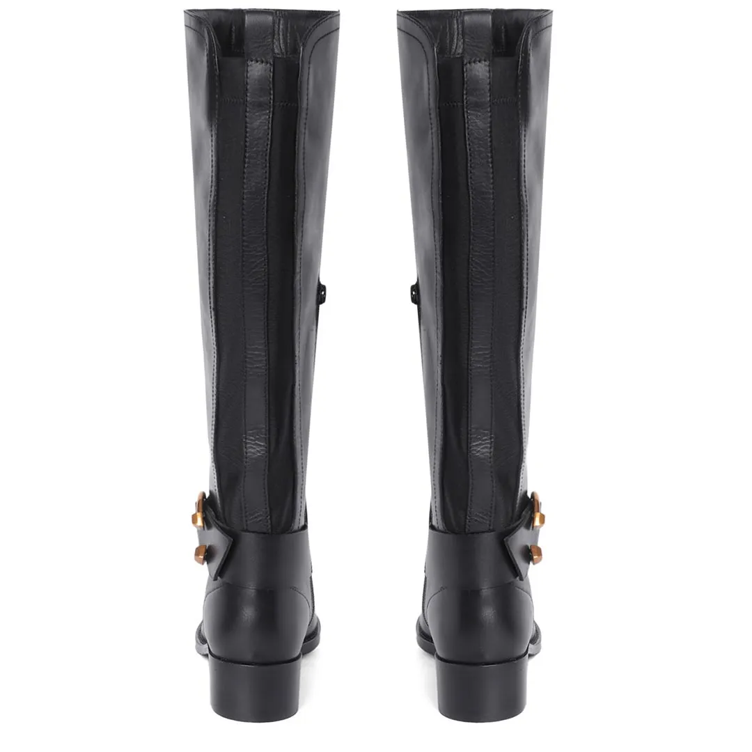 Saint Marisa Gold Buckle Decorative Black Leather Long Boots