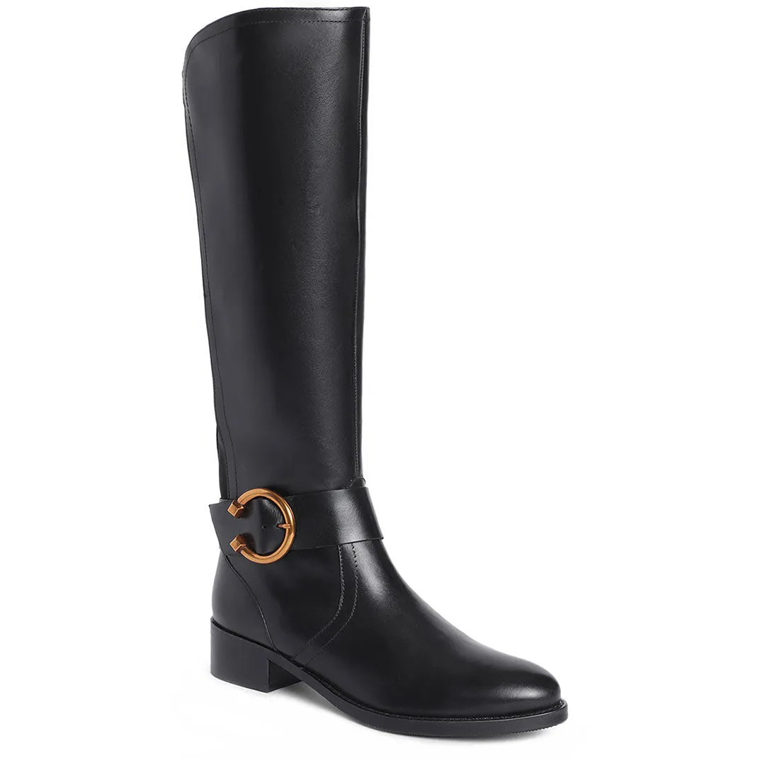 Saint Marisa Gold Buckle Decorative Black Leather Long Boots