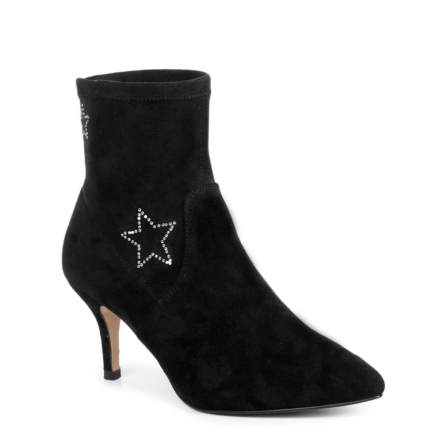 Saint Penelope Silver Star Black Stretch Suede Kitten Ankle Boots