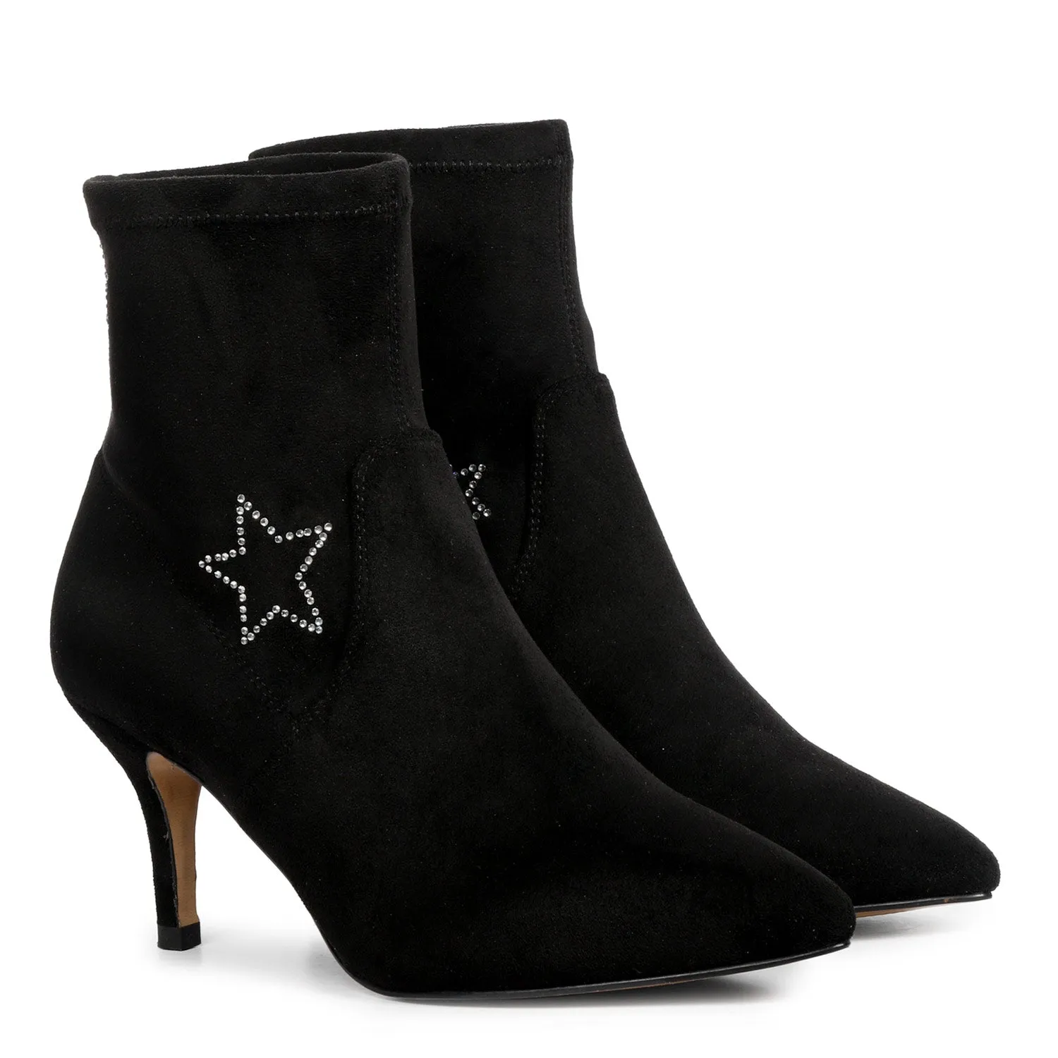 Saint Penelope Silver Star Black Stretch Suede Kitten Ankle Boots