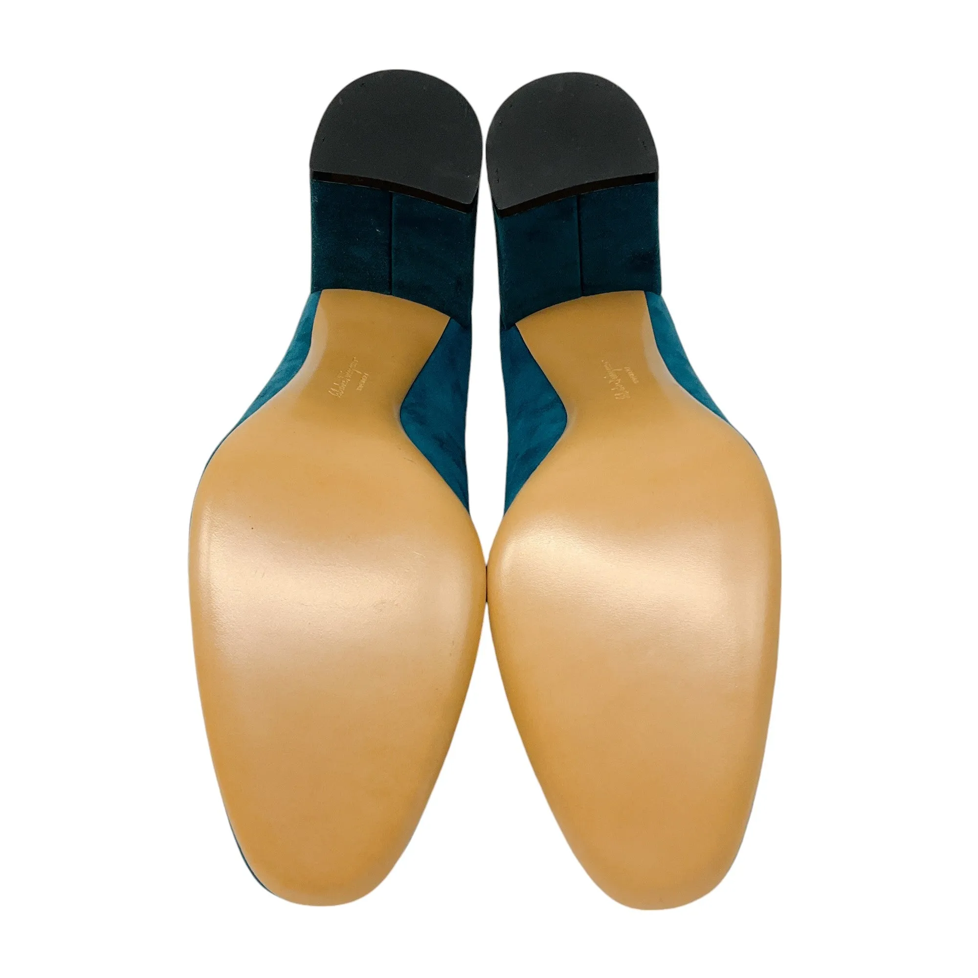 Salvatore Ferragamo Teal Round Toe Suede Pumps