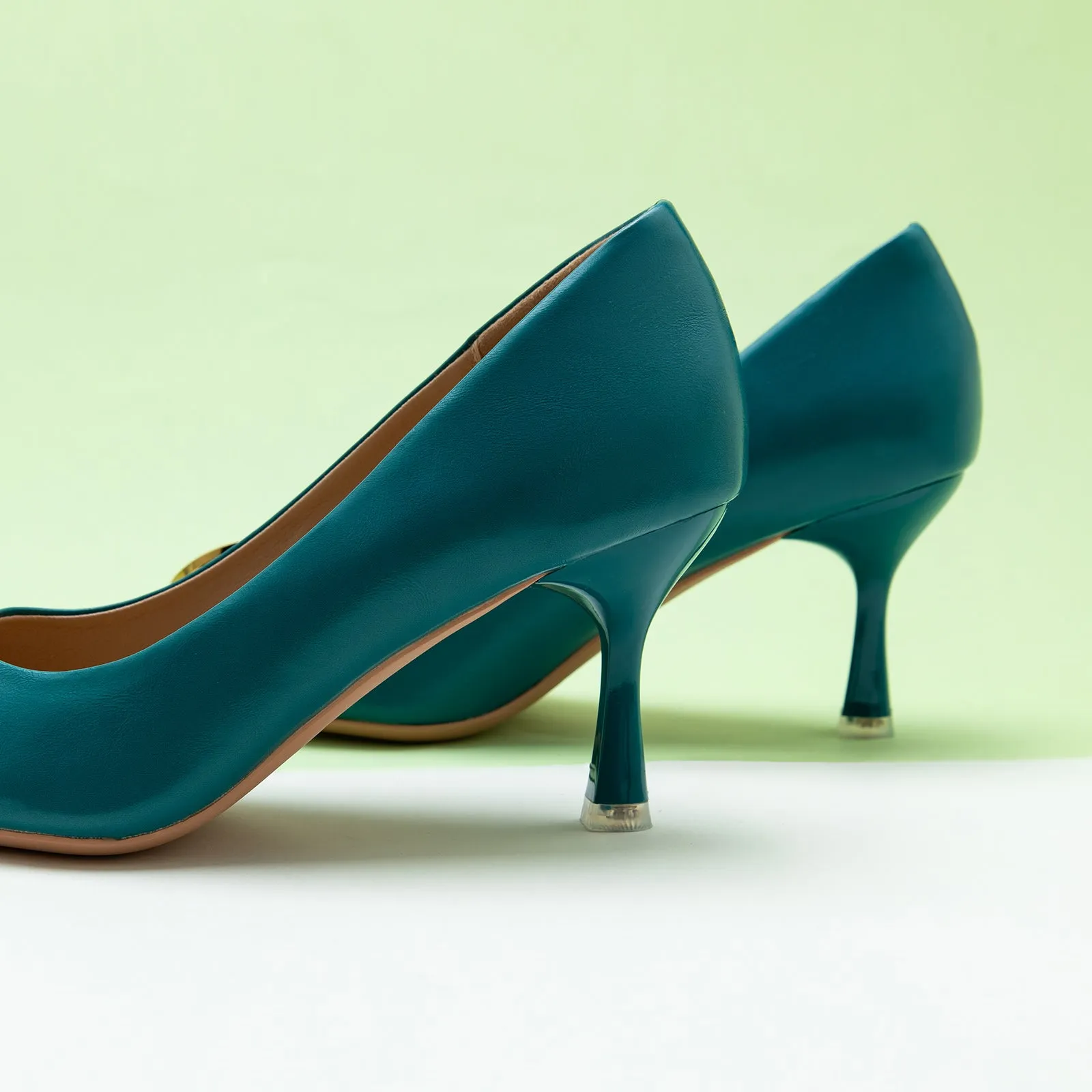 Stacked Metal Buckle Pumps (Olivia) Peacock Blue