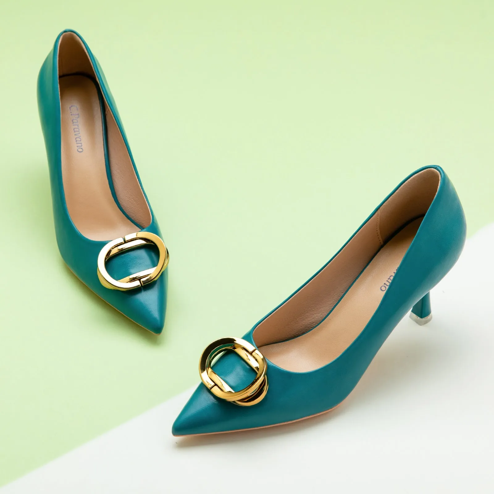 Stacked Metal Buckle Pumps (Olivia) Peacock Blue