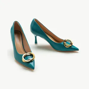 Stacked Metal Buckle Pumps (Olivia) Peacock Blue