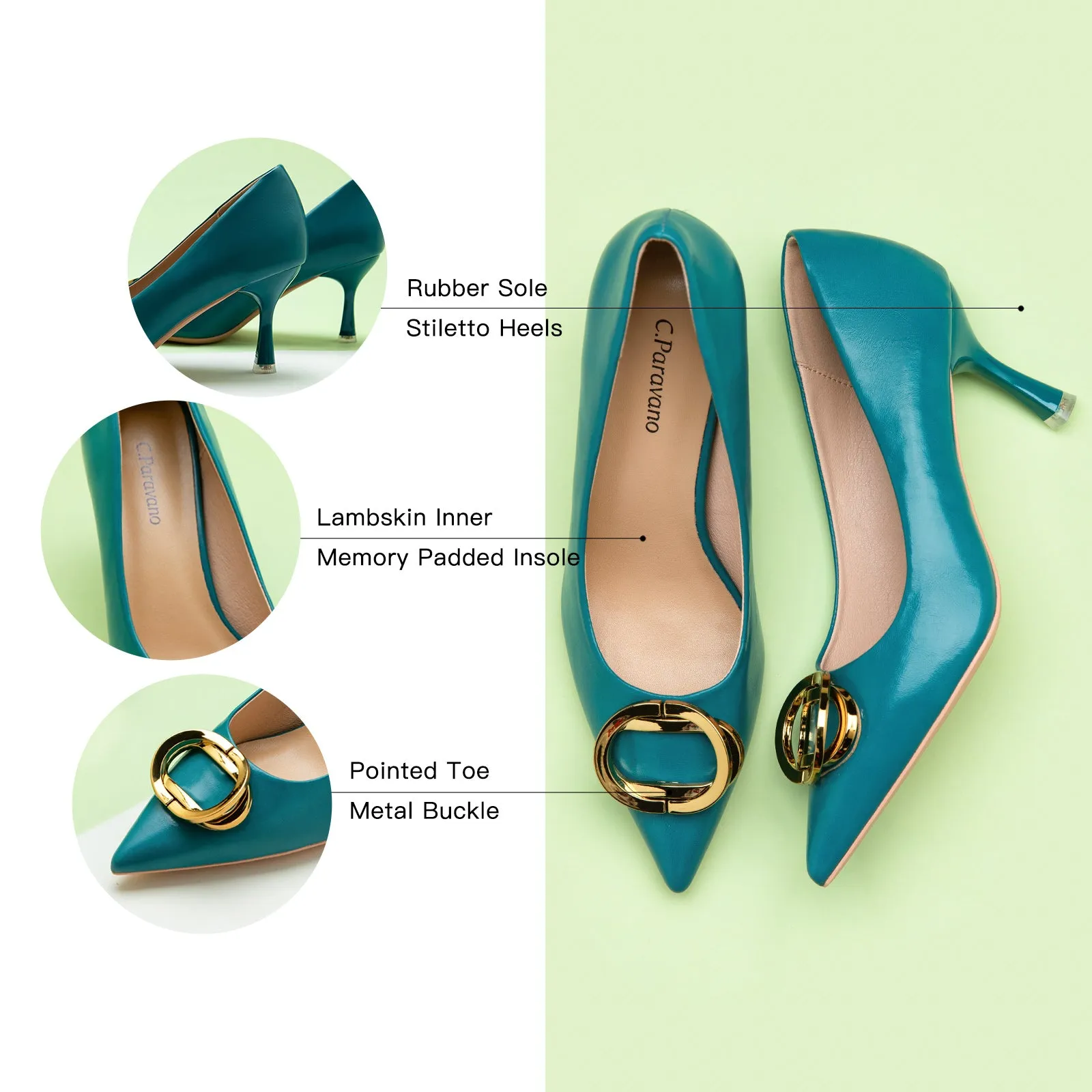 Stacked Metal Buckle Pumps (Olivia) Peacock Blue