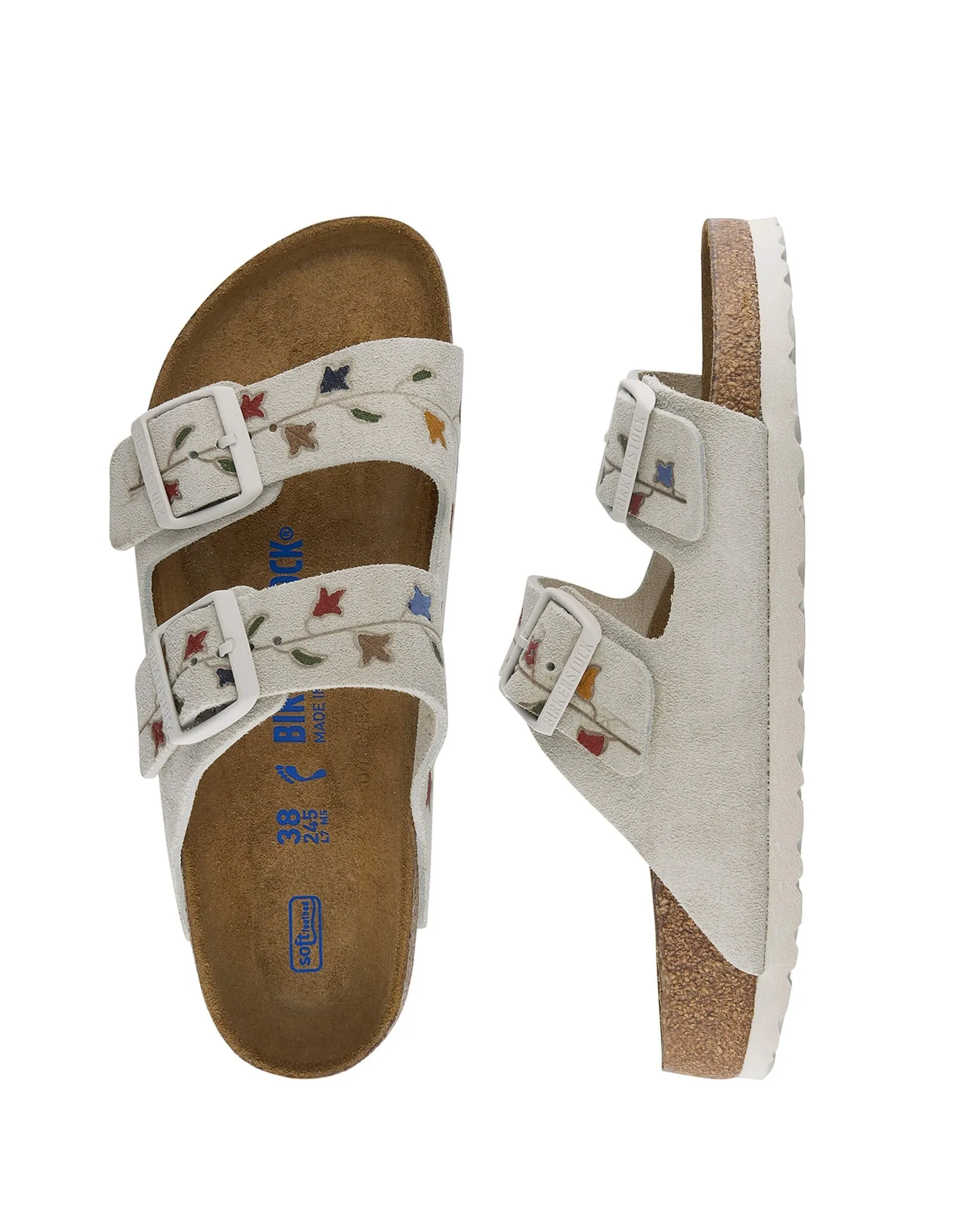 The BIRKENSTOCK Arizona with Hand Painted Tooled Tulip. -- Antique White with Multi