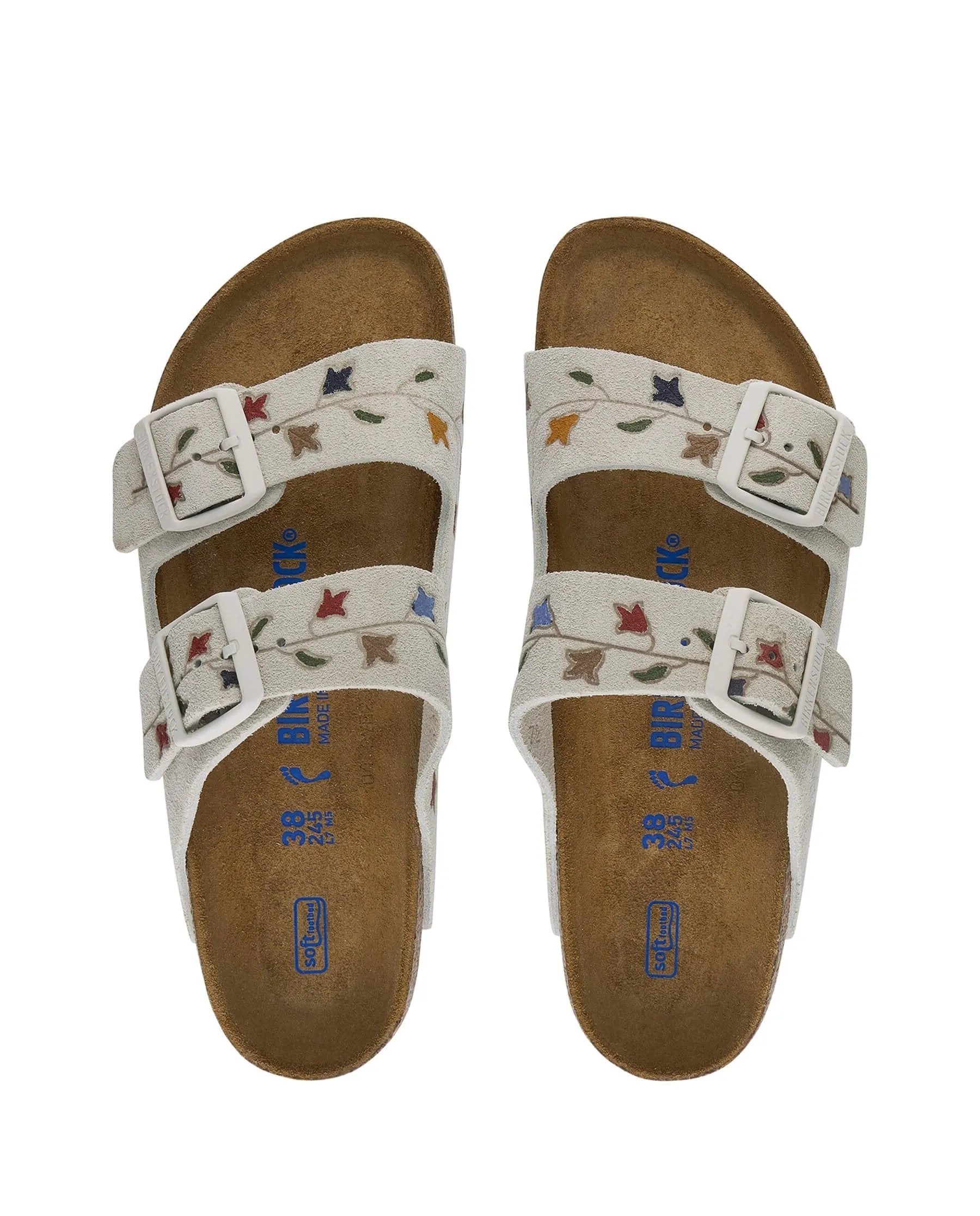 The BIRKENSTOCK Arizona with Hand Painted Tooled Tulip. -- Antique White with Multi